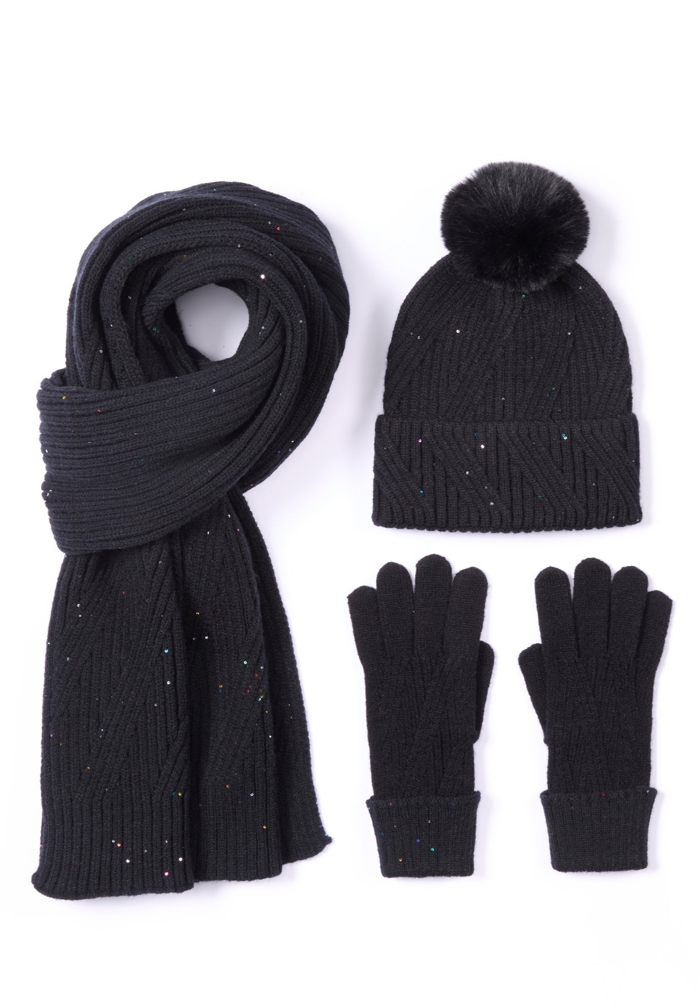 3 Pc. Black Fur Hat, Gloves w/ Matching Scarf Ladies Faux Fur Winter Set With Hat Gloves & Scarf 3-Pc main image 3