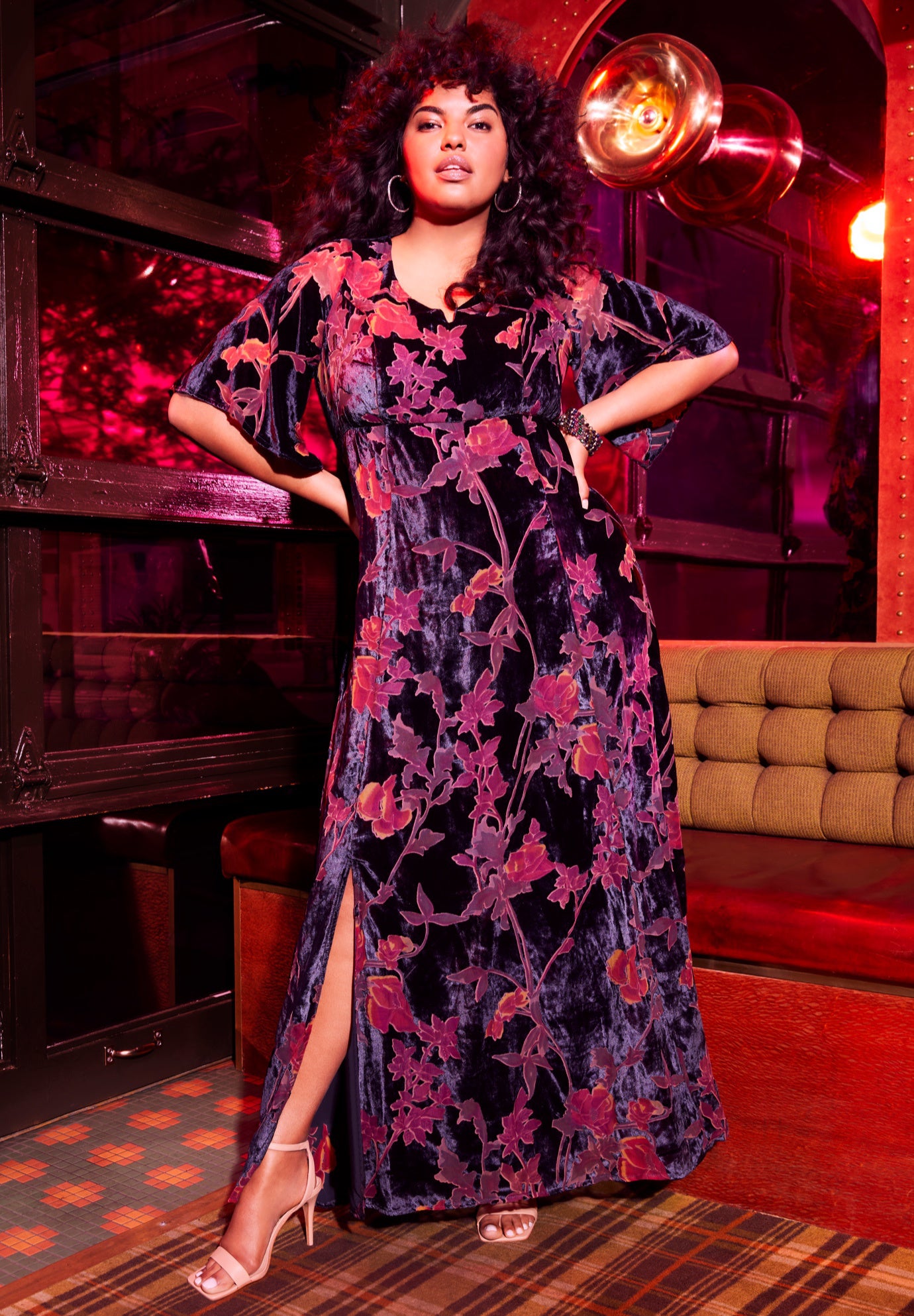 Burnout Velvet Maxi Dress with Flutter Sleeves, Navy Floral