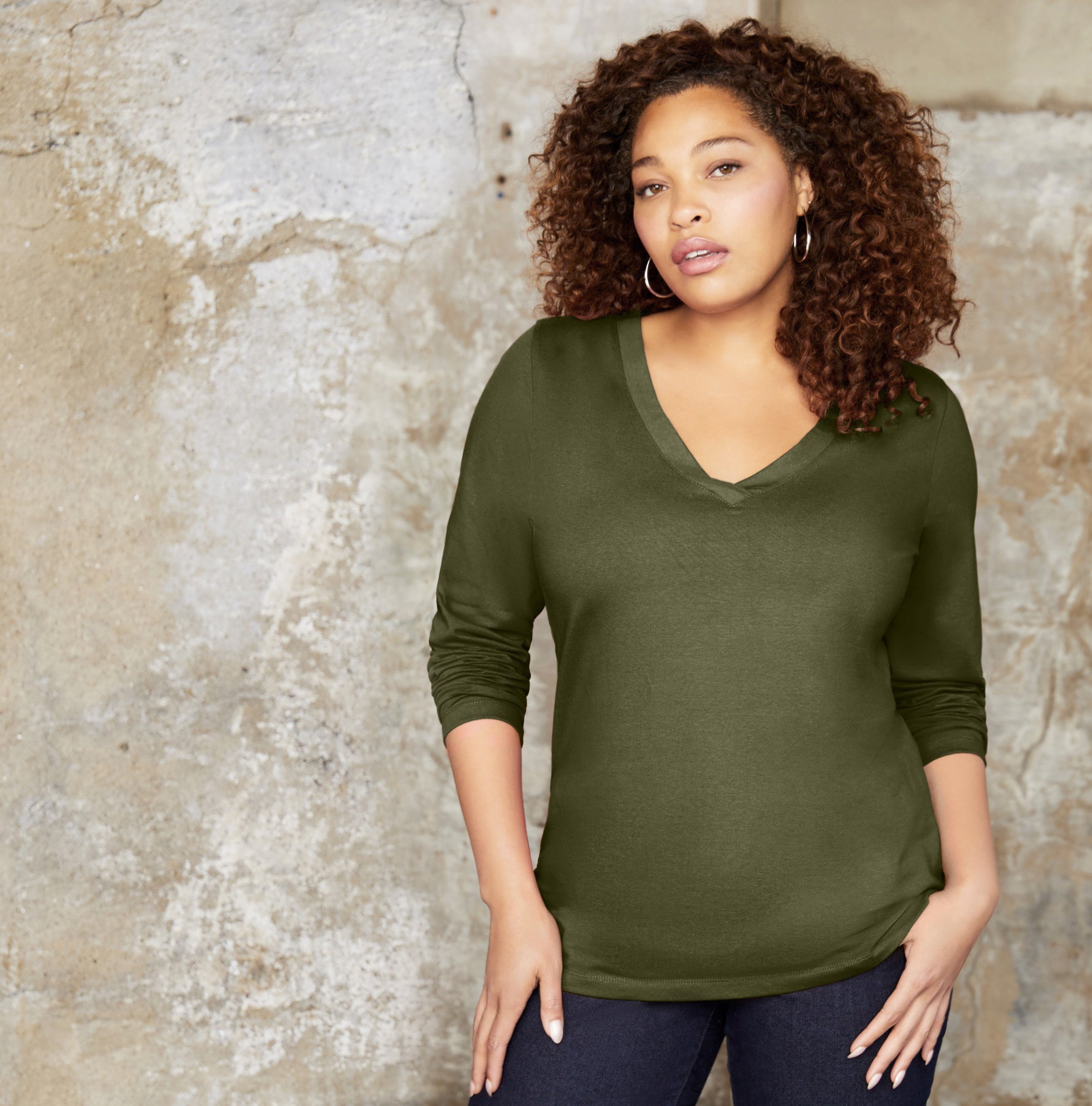 On The Plus Side - Cotton 3/4 Sleeve U-Neck Tee - Plus