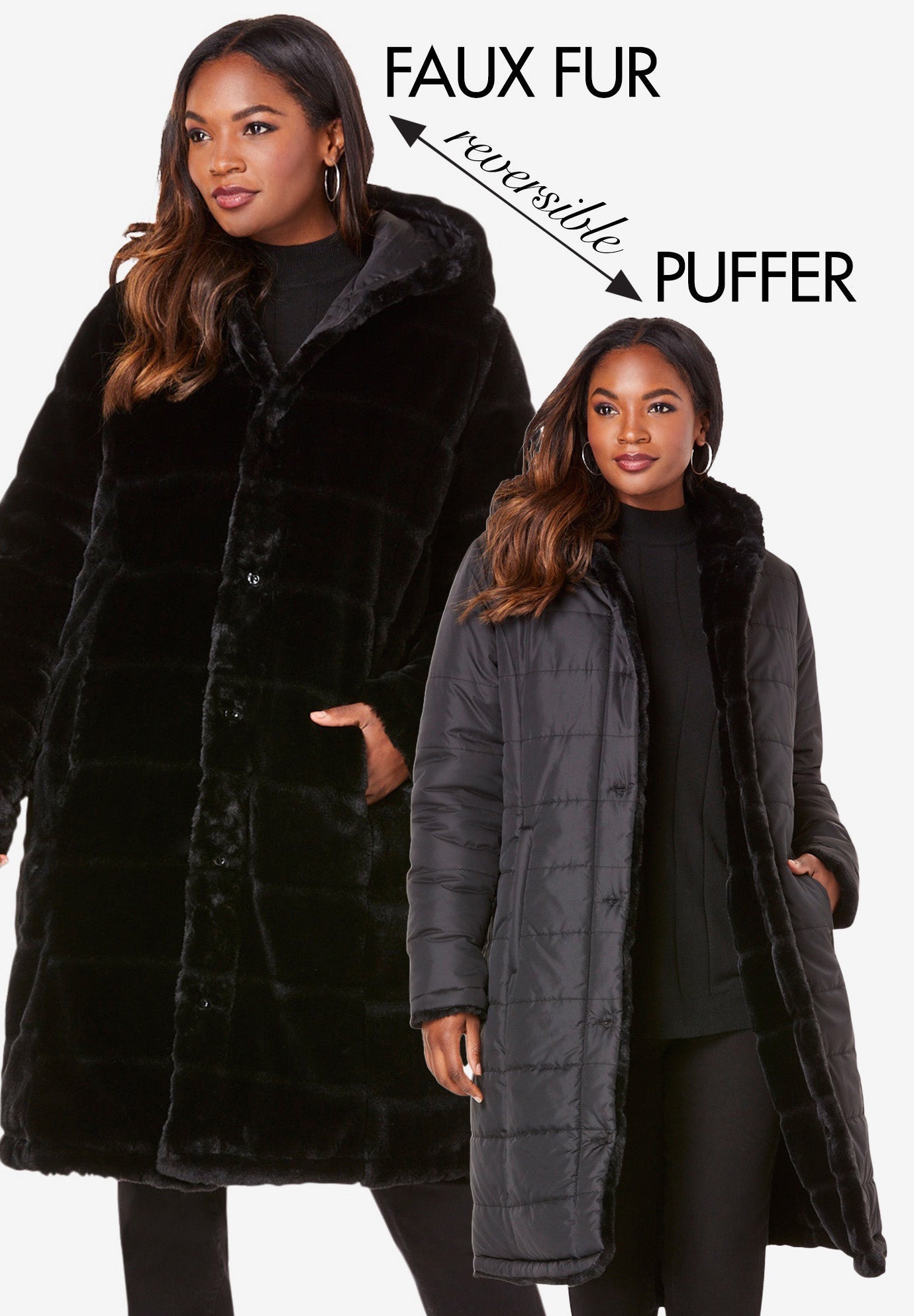 Dicker and Dicker Aラインハーフコート（ファー付）黒 M Plus Size 2-in-1 Puffer and Faux Fur Coat | Woman Within