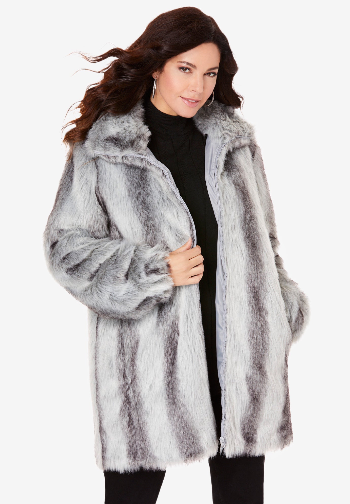 Plus Size Mid-Length Hooded Faux Fur Coat | Woman Within