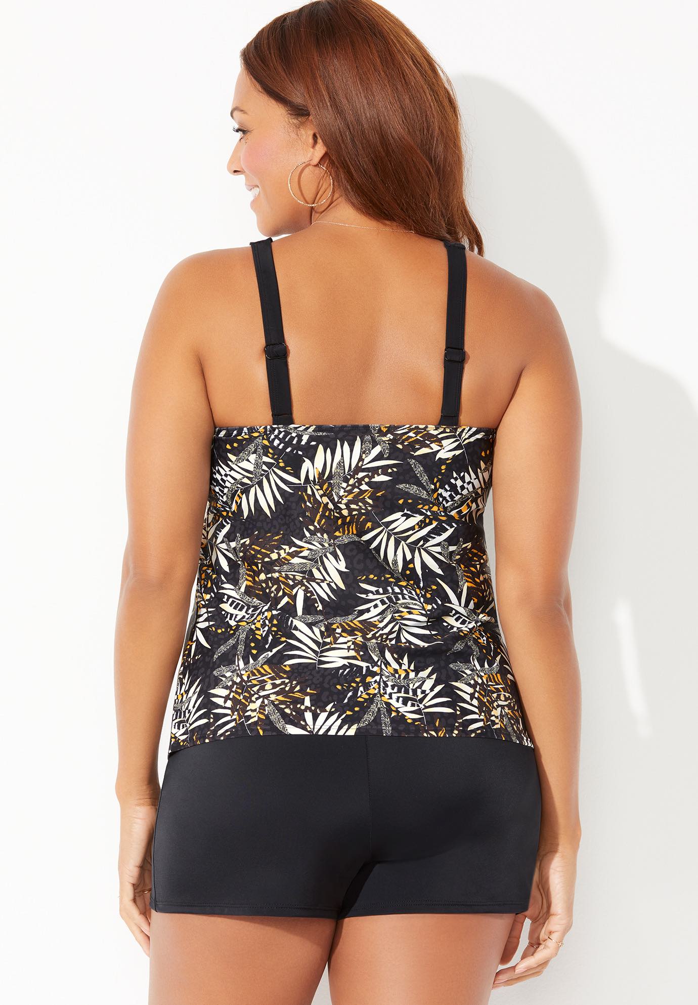 High Neck Tankini Set with Banded Short Neutral Palm Black Woman