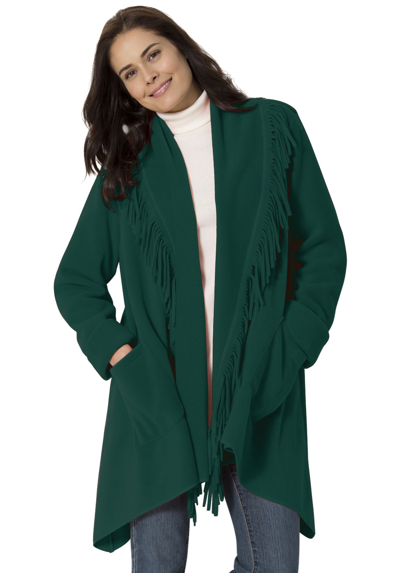 Fringed Shawl Collar Fleece Jacket| Plus Size Outerwear | Woman Within