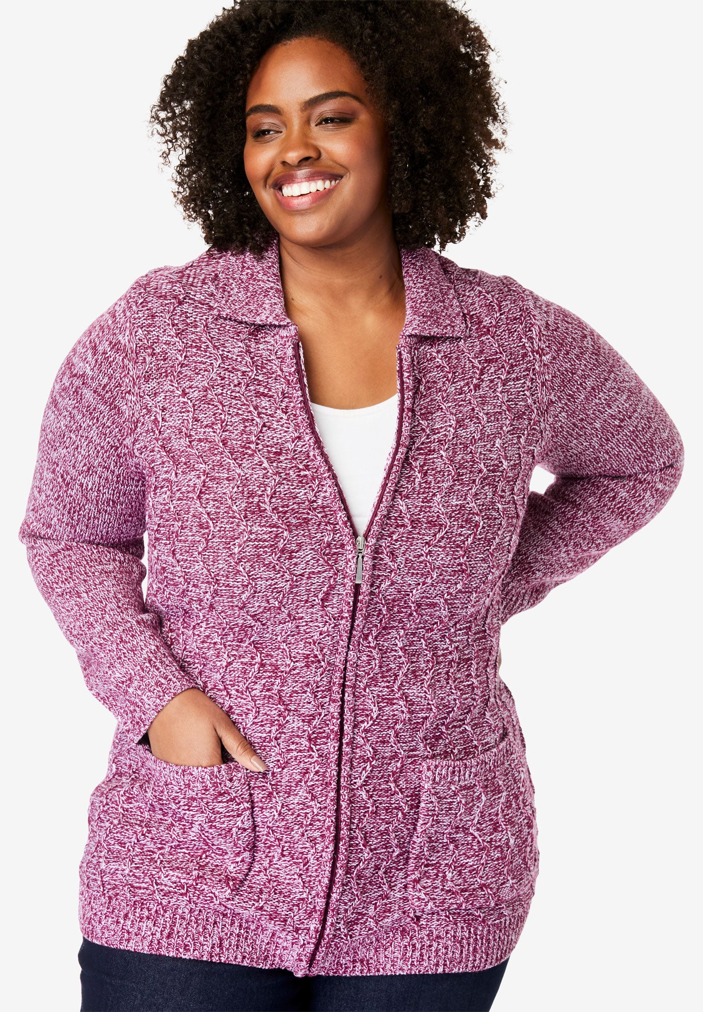 Marled ZipFront Cable Knit Cardigan Plus Size Tops Woman Within