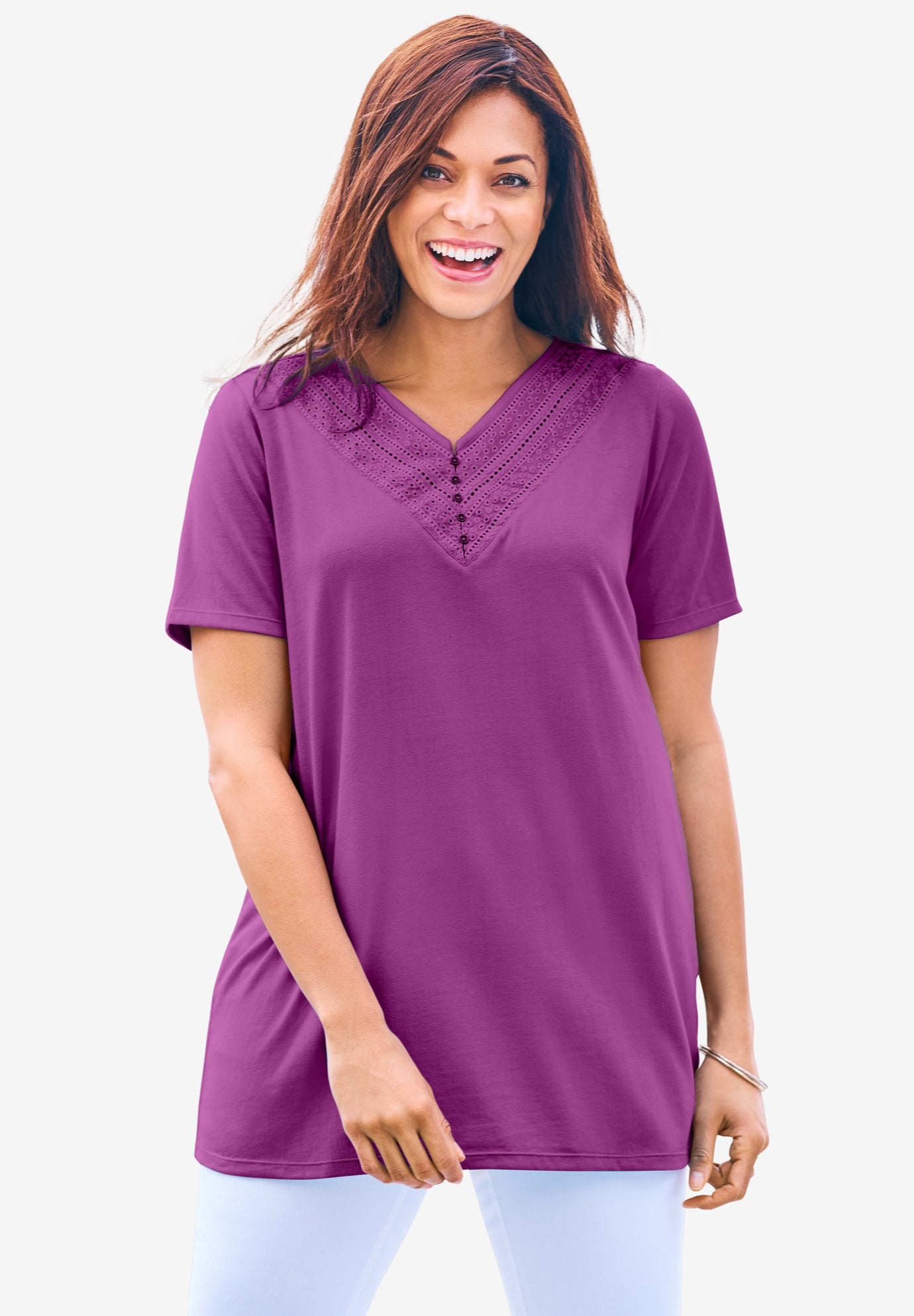 Woman Within Womens Plus Size Eyelet Henley Tee Henley Shirt