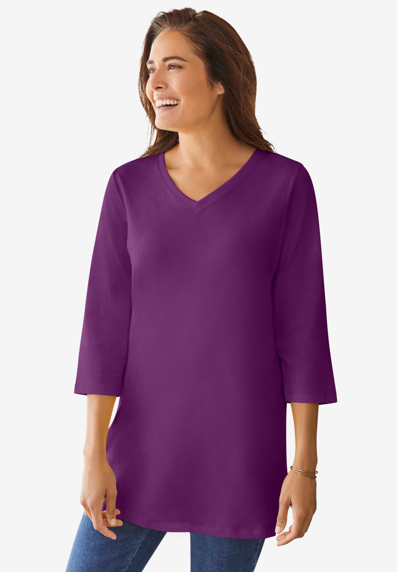 3/4 sleeve slit cut neck tunic main image 1