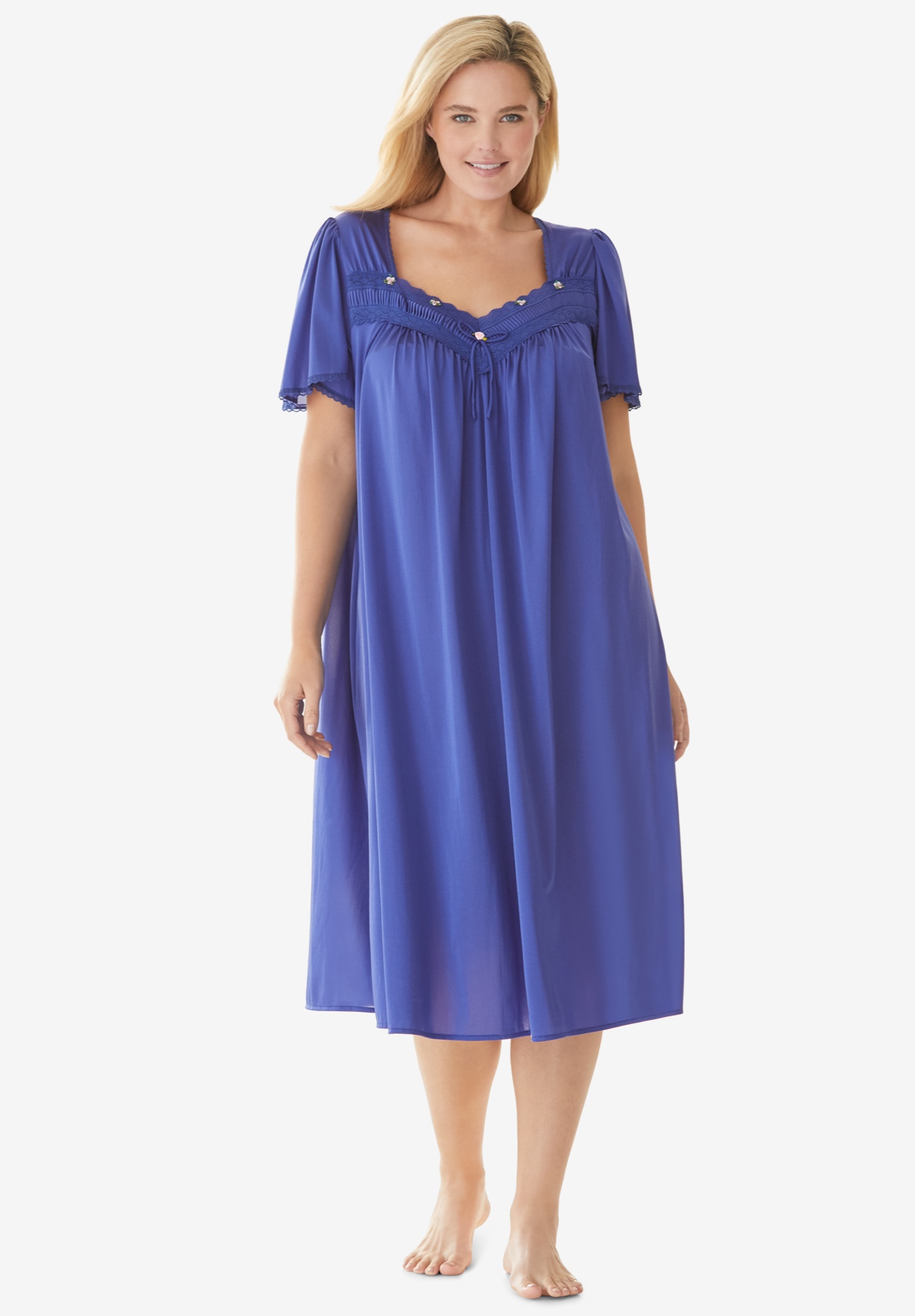 Short Silky Lace-Trim Gown | Woman Within