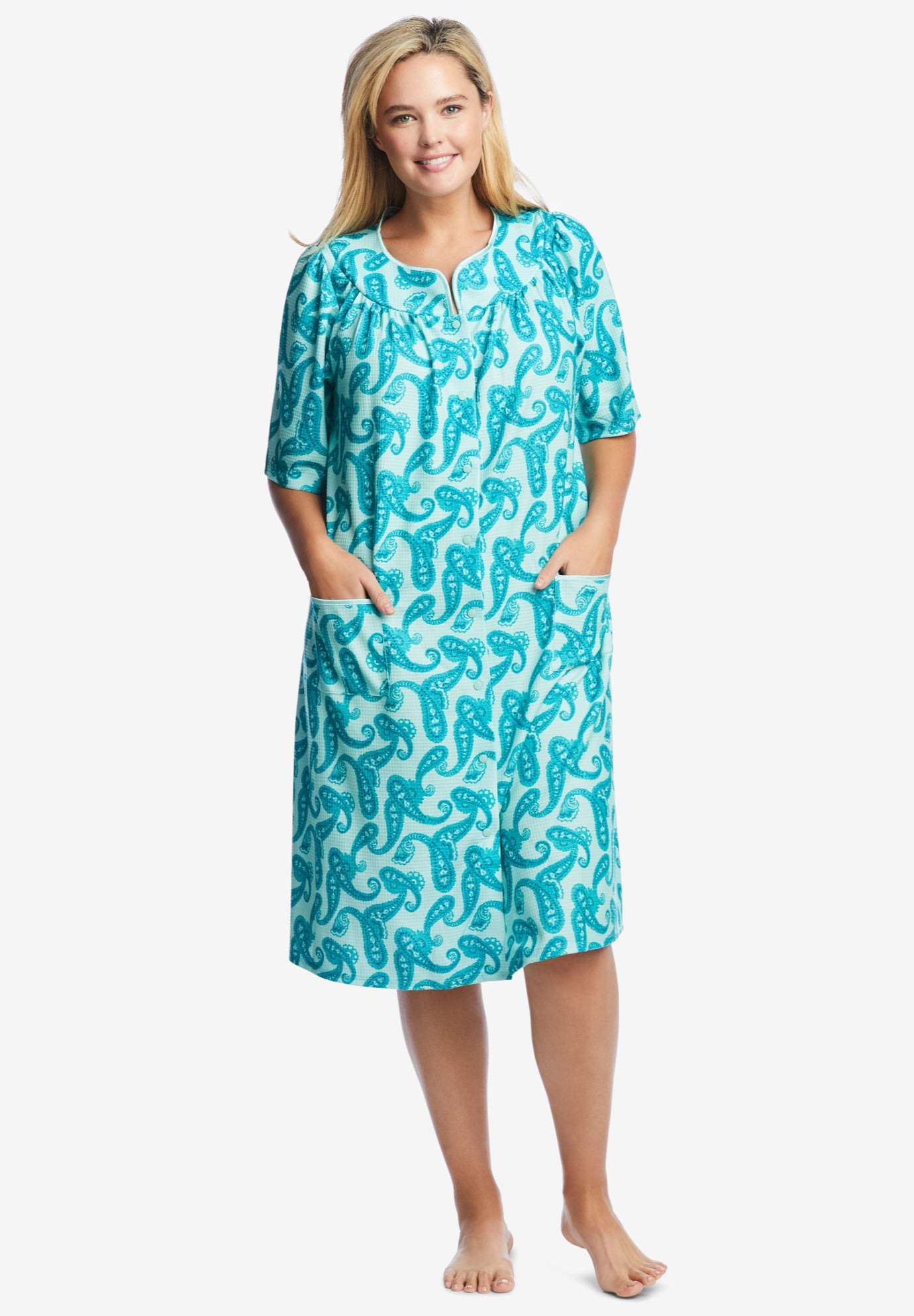 Short Sleeve Waffle Knit Robe Woman Within