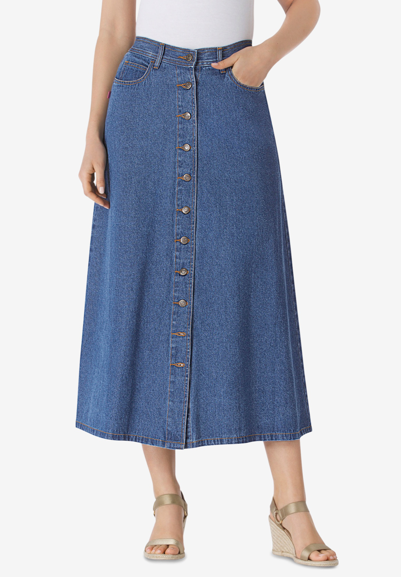 Button Front Long Denim Skirt | Woman Within