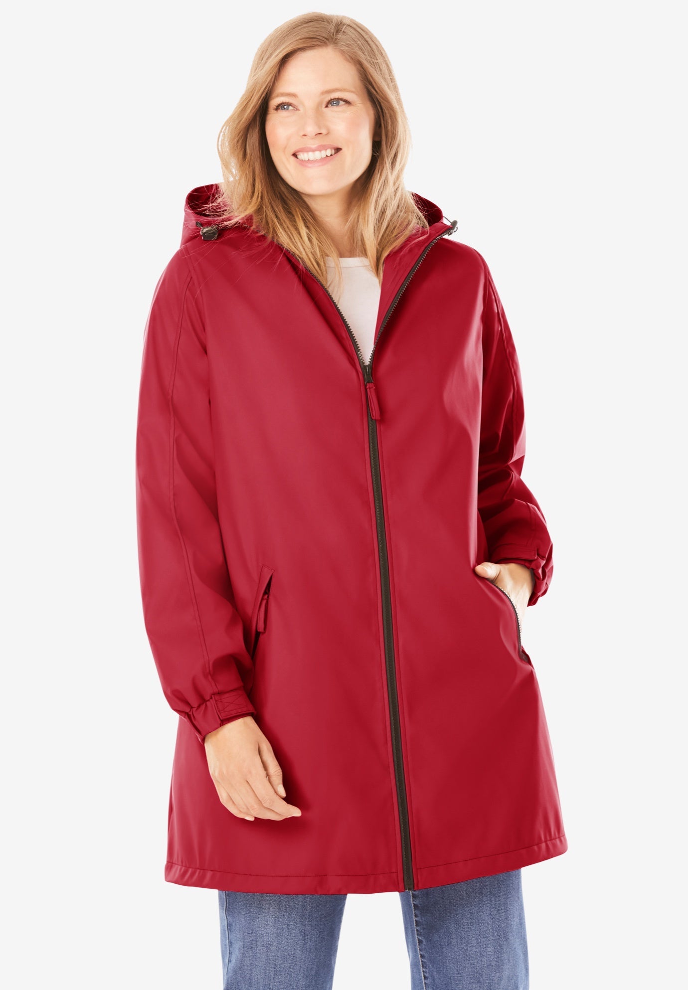 Waterproof Hooded Slicker Raincoat Freeport, Classic Red Woman Within