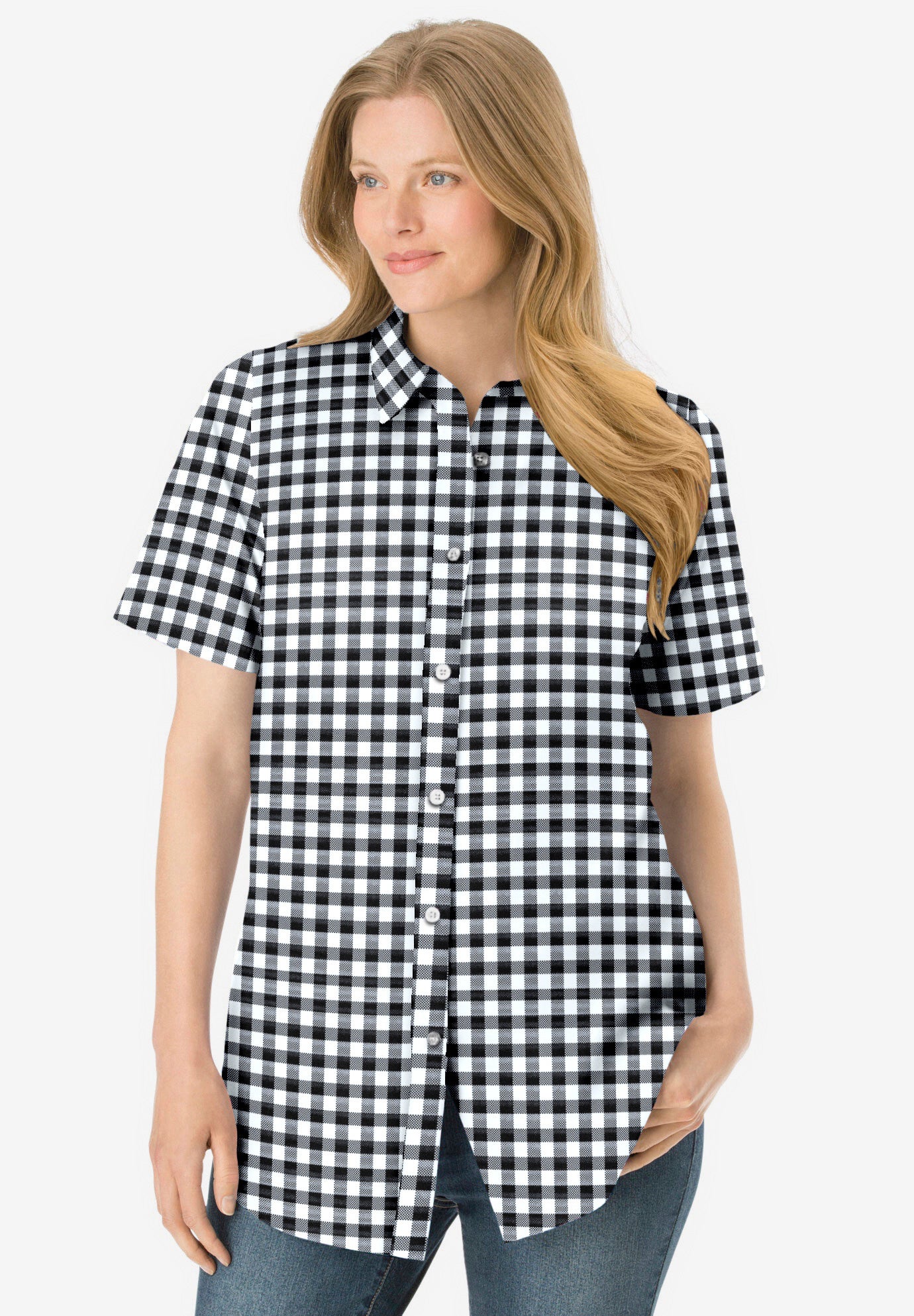 Perfect Short Sleeve Shirt Wrinkle Resistant, Black Gingham Woman