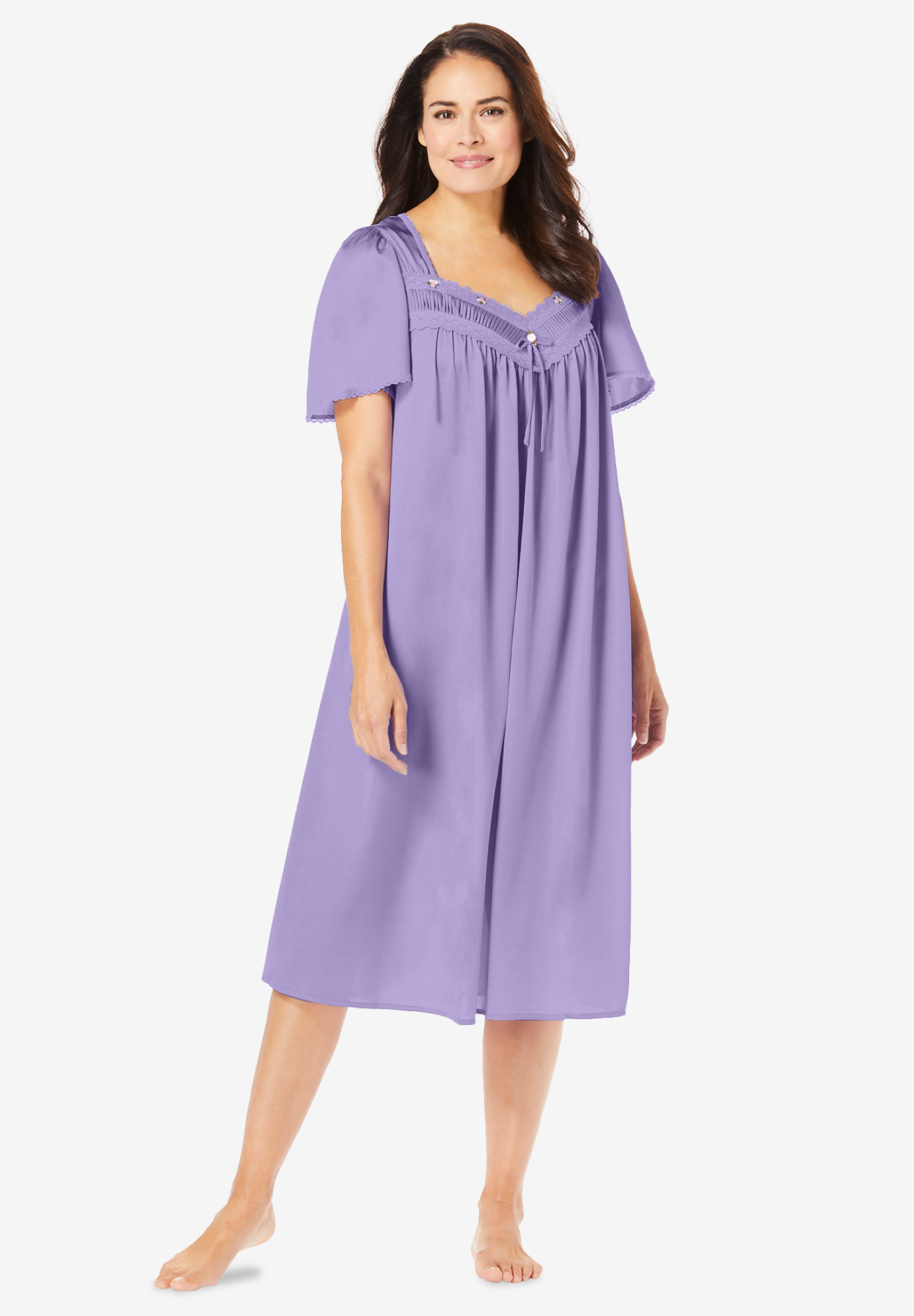 Short Silky Lace-Trim Gown | Woman Within