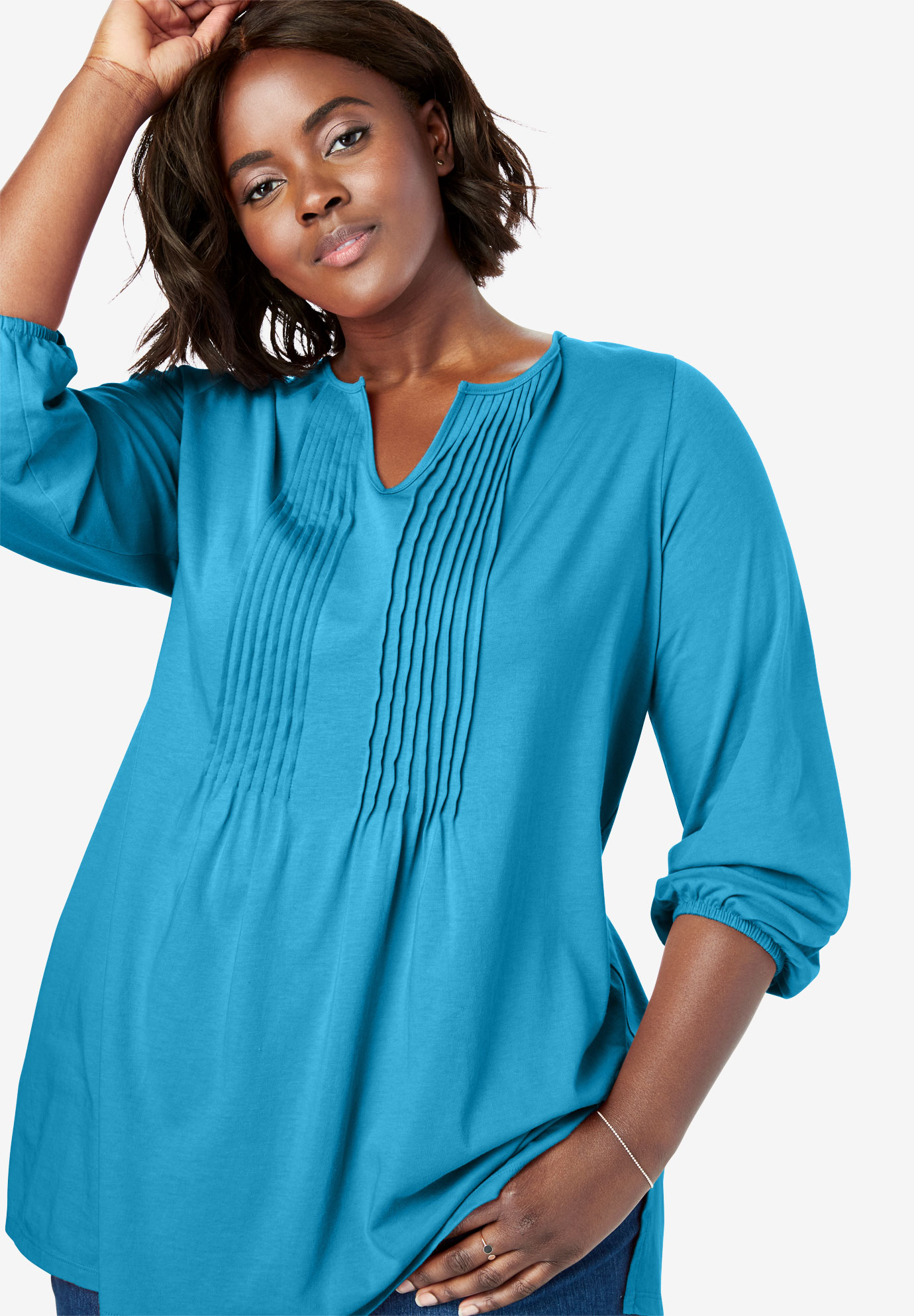 Notch Neck Pintucked Tunic| Plus Size Tops | Woman Within