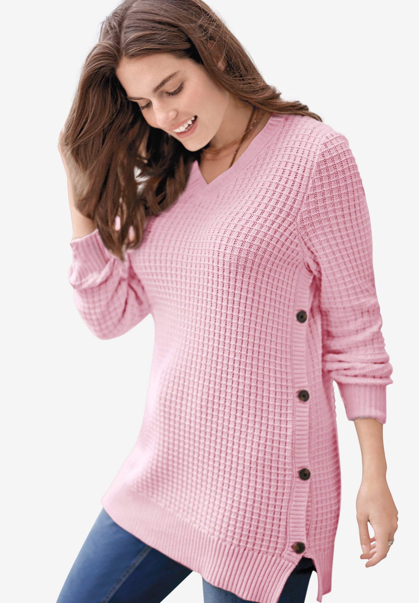 Side Button Waffle Knit VNeck Sweater, Pink Woman Within
