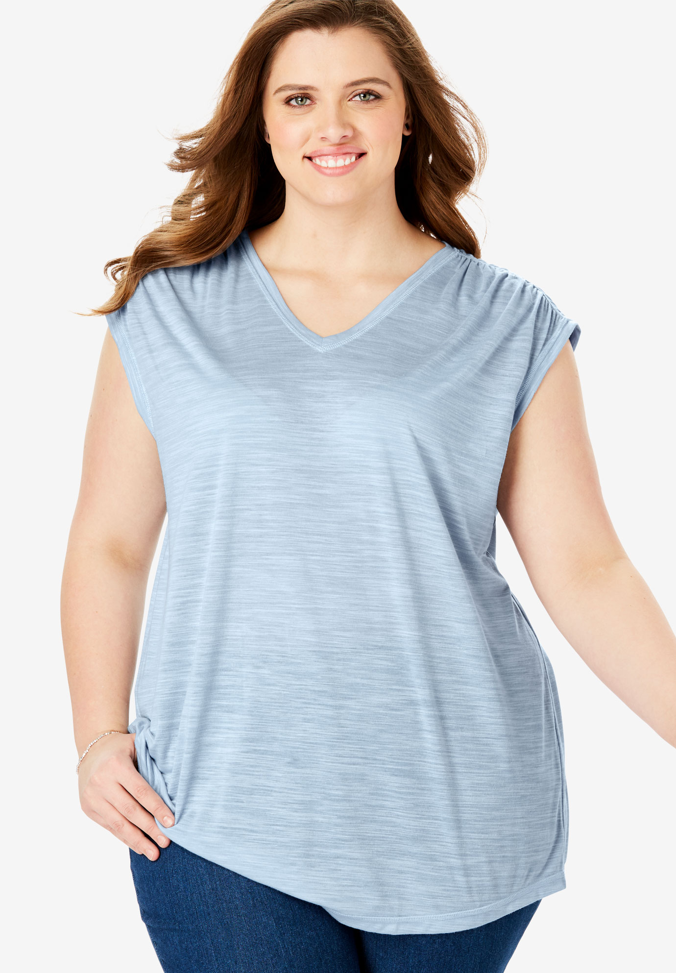 Ruched Sleeve V-Neck Tunic by FullBeauty SPORT®| Plus Size Tops | Woman ...