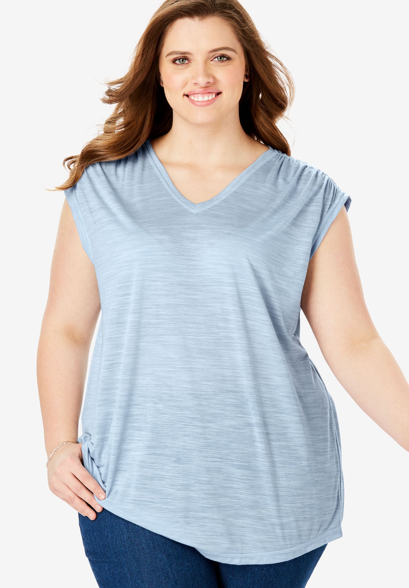 Ruched Sleeve VNeck Tunic by FullBeauty SPORT® Plus Size Tops Woman