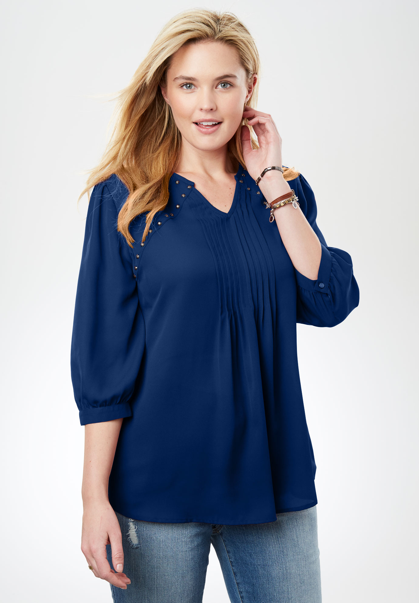 Studded Pintucked Blouse  Plus Size Shirts Blouses  