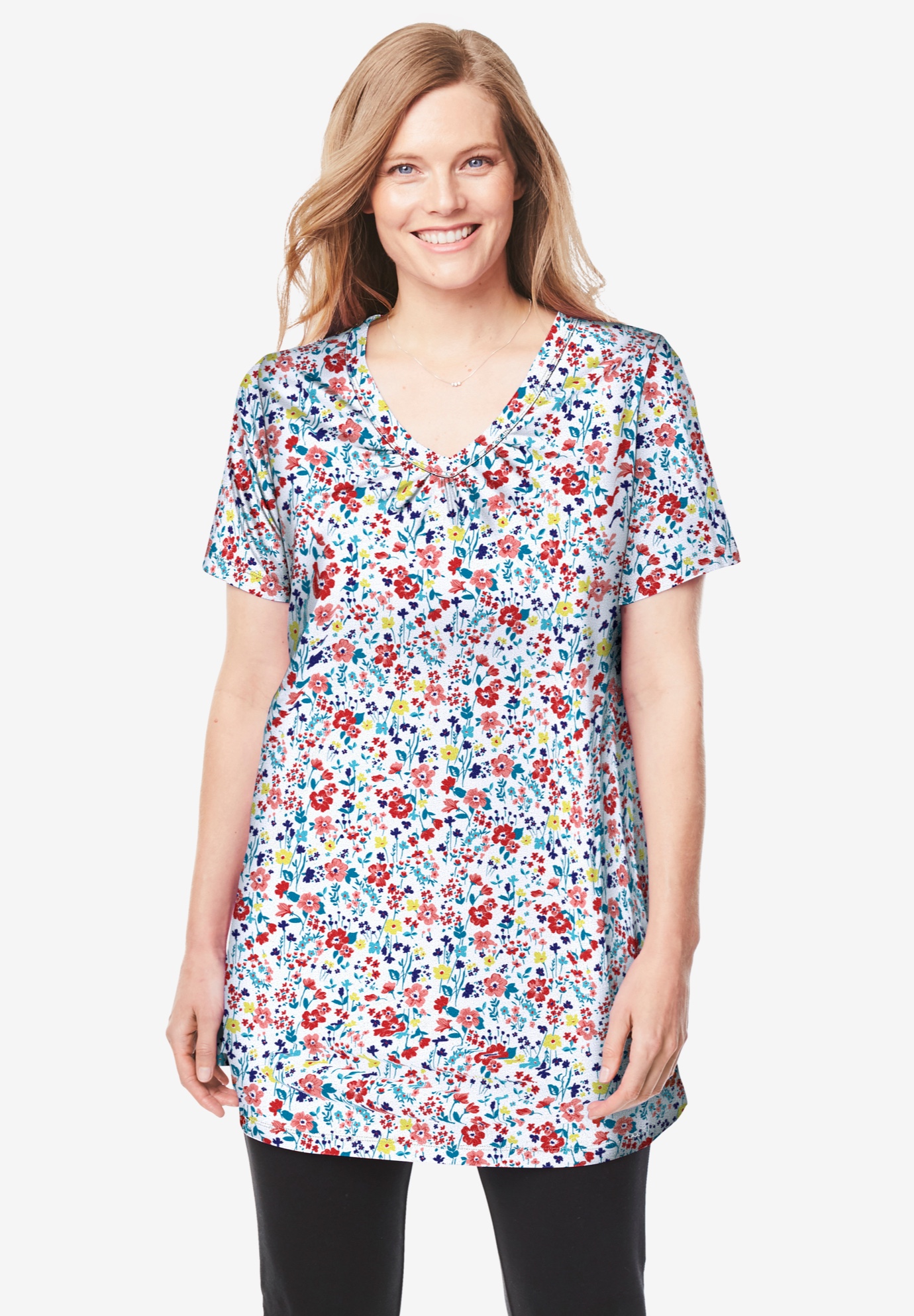 Perfect Printed Short-Sleeve Shirred V-Neck Tunic | Woman Within