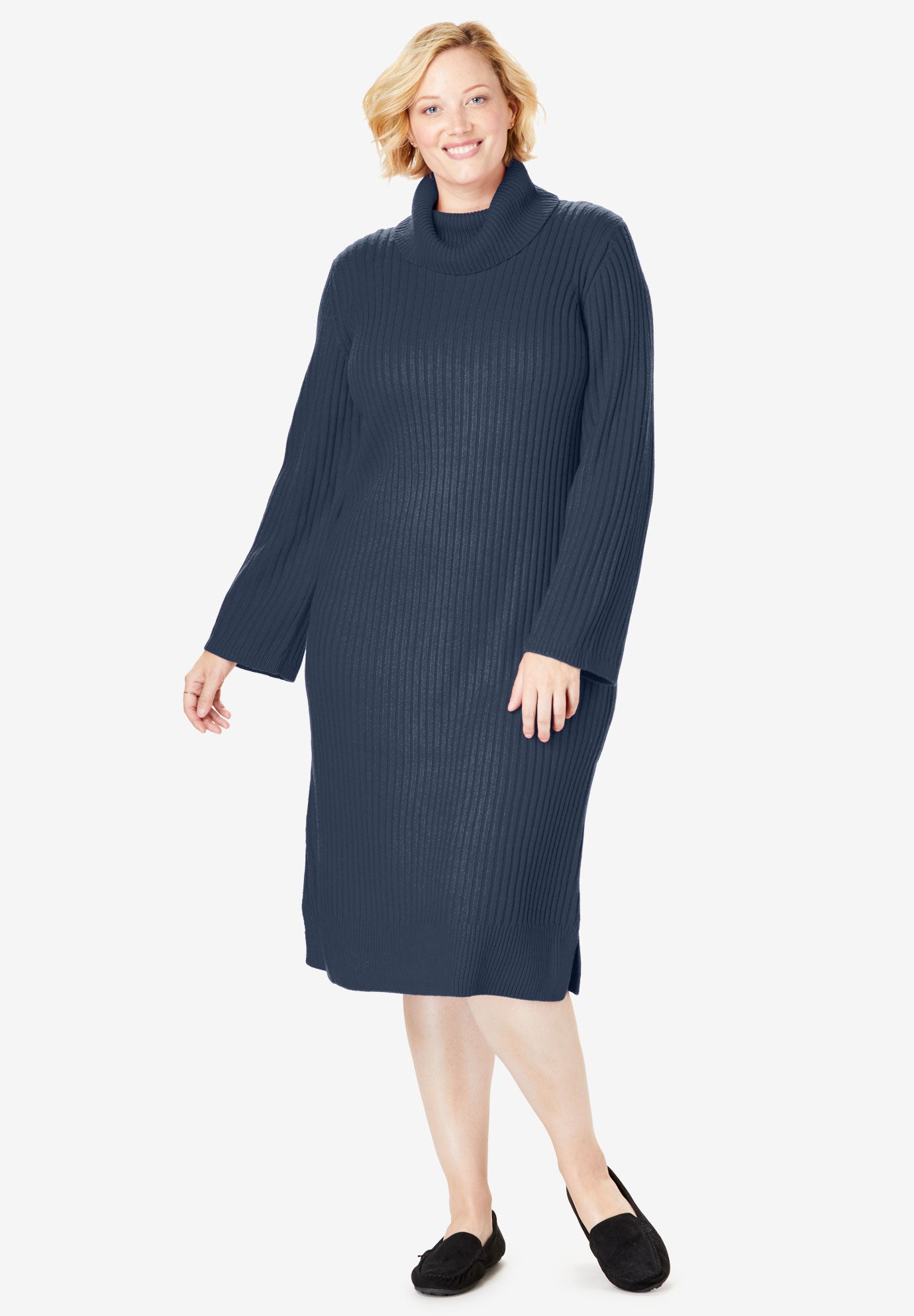 blue turtleneck sweater dress