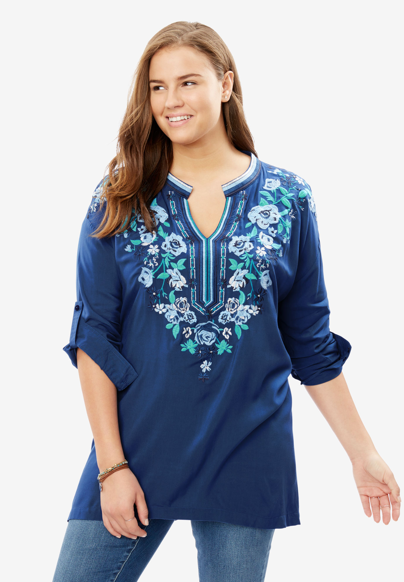 Notch-Neck Embroidered Roll-Sleeve Tunic | Plus Size Tops | Woman Within