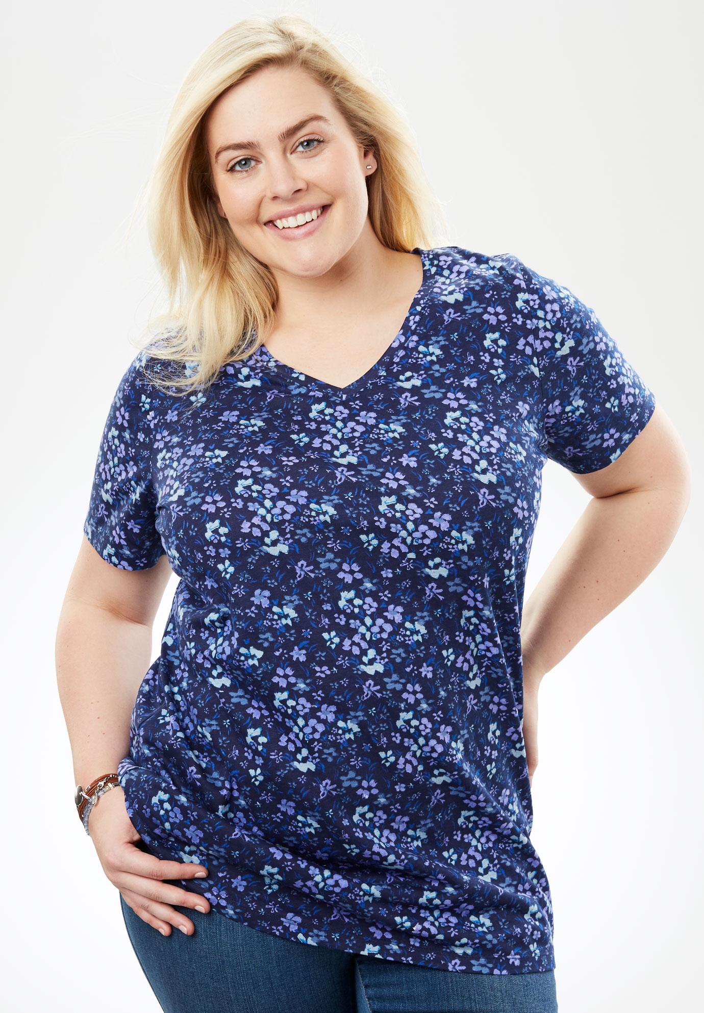 Printed V-Neck Perfect Tee | Plus Size Tops | Woman Within
