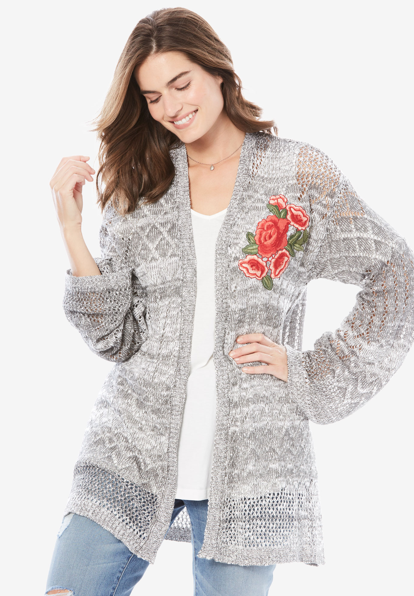 Floral Patch Cardigan by Chelsea Studio®| Plus Size Tops | Woman Within
