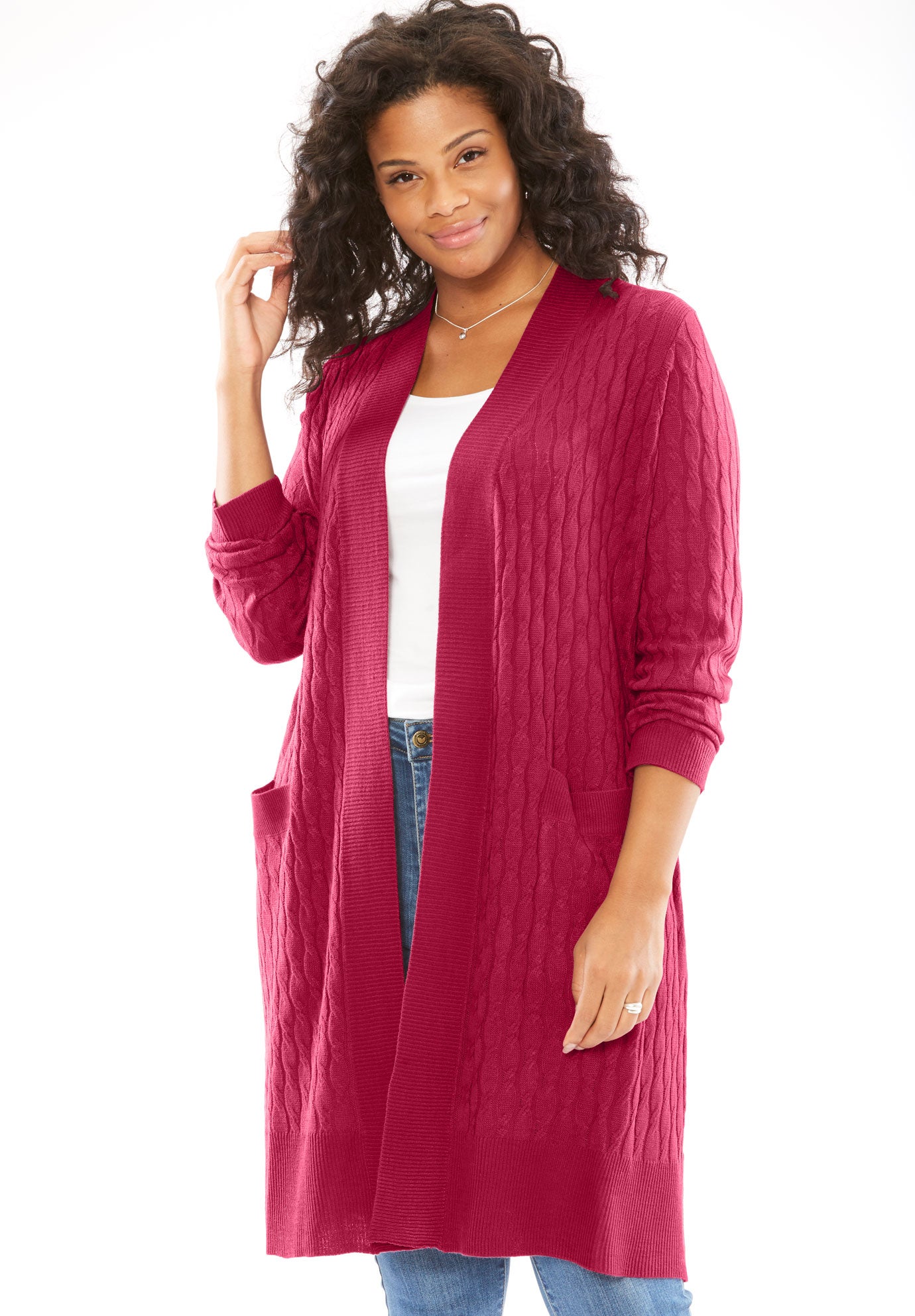 Lightweight Cabled Duster Cardigan Plus Size Tops Woman Within