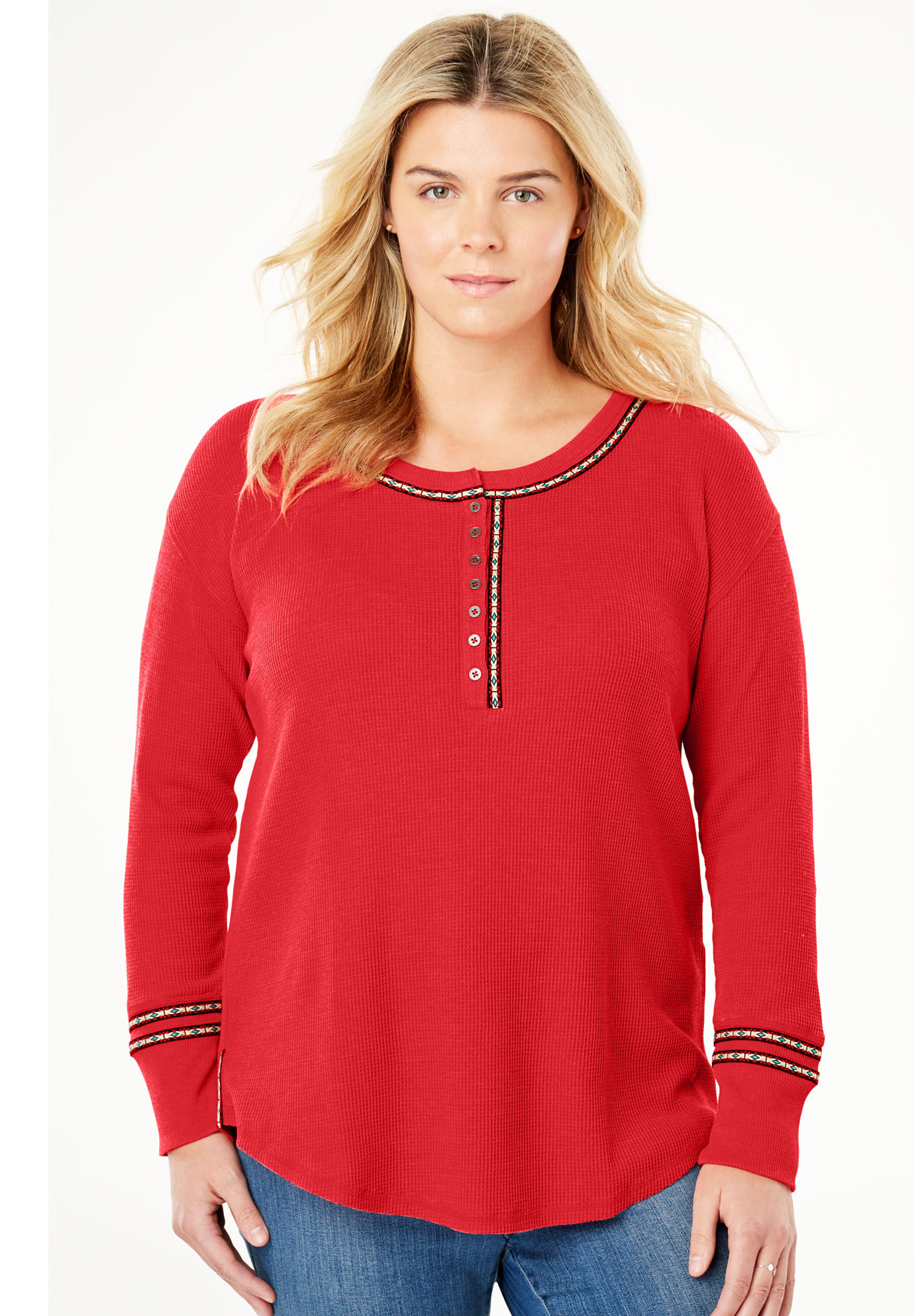 Printed-Trim Thermal Henley| Plus Size All Clearance | Woman Within