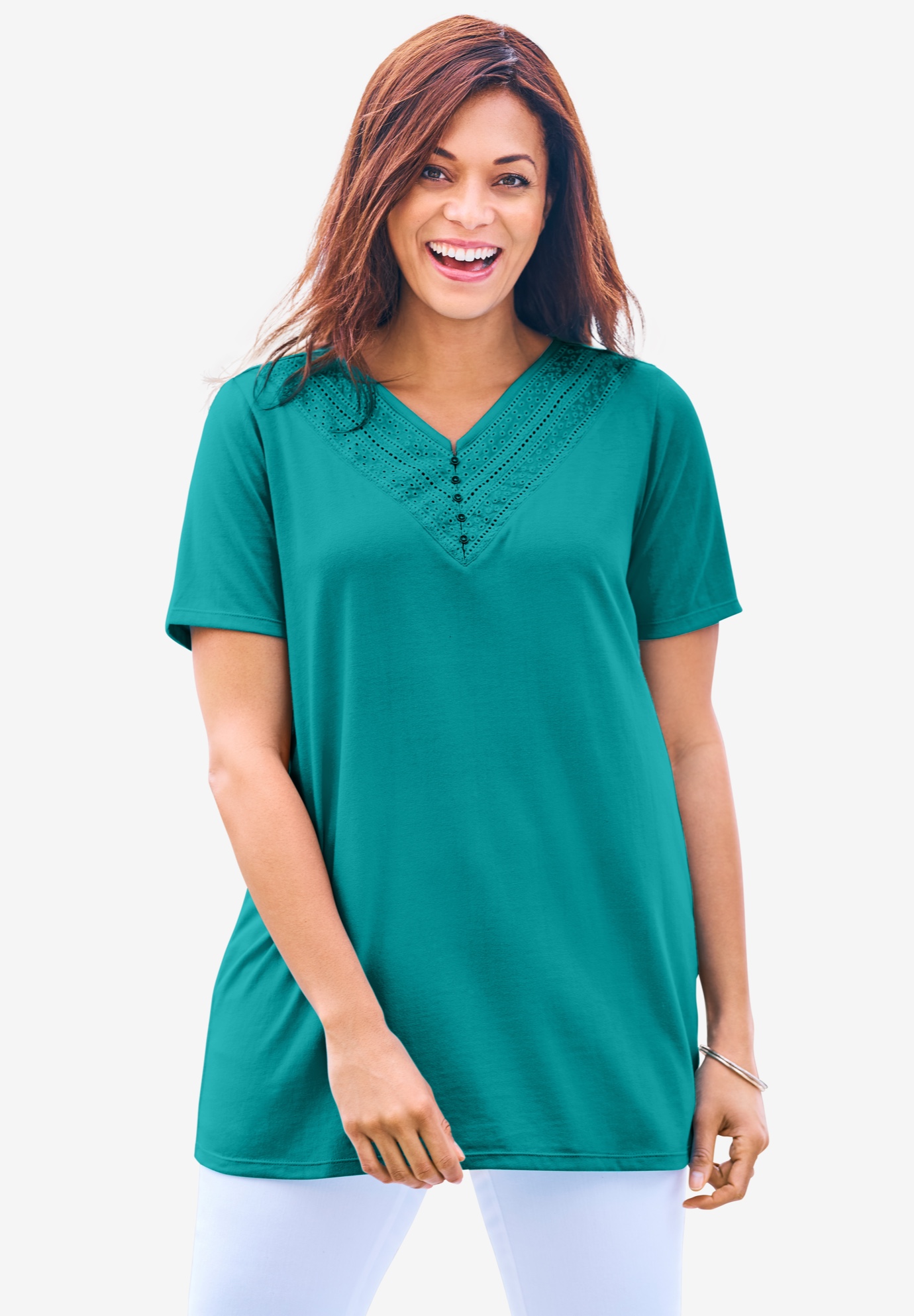 Eyelet V-Neck Henley Tee | Woman Within