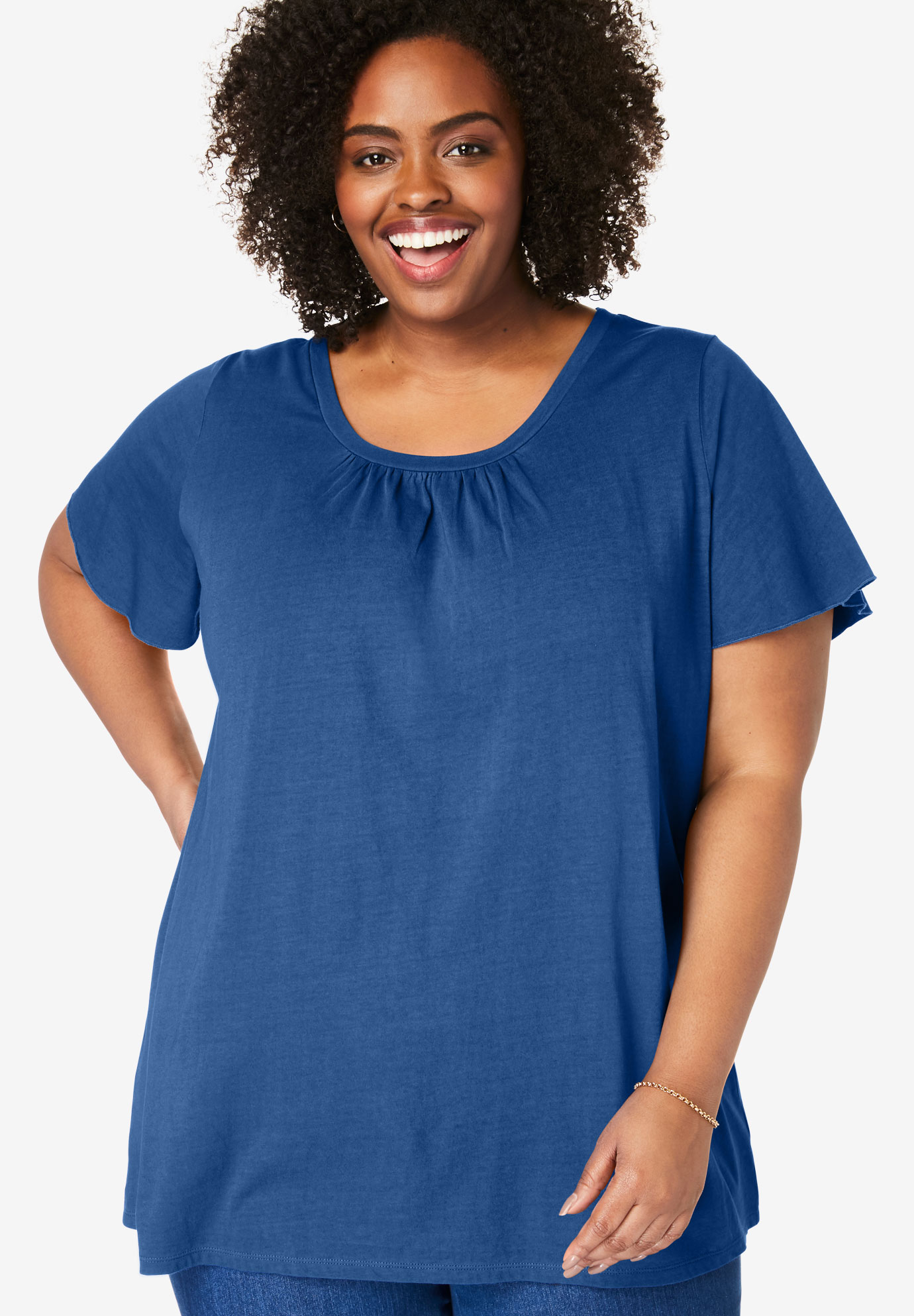 Shirred Neck Flutter Sleeve Tee | Woman Within
