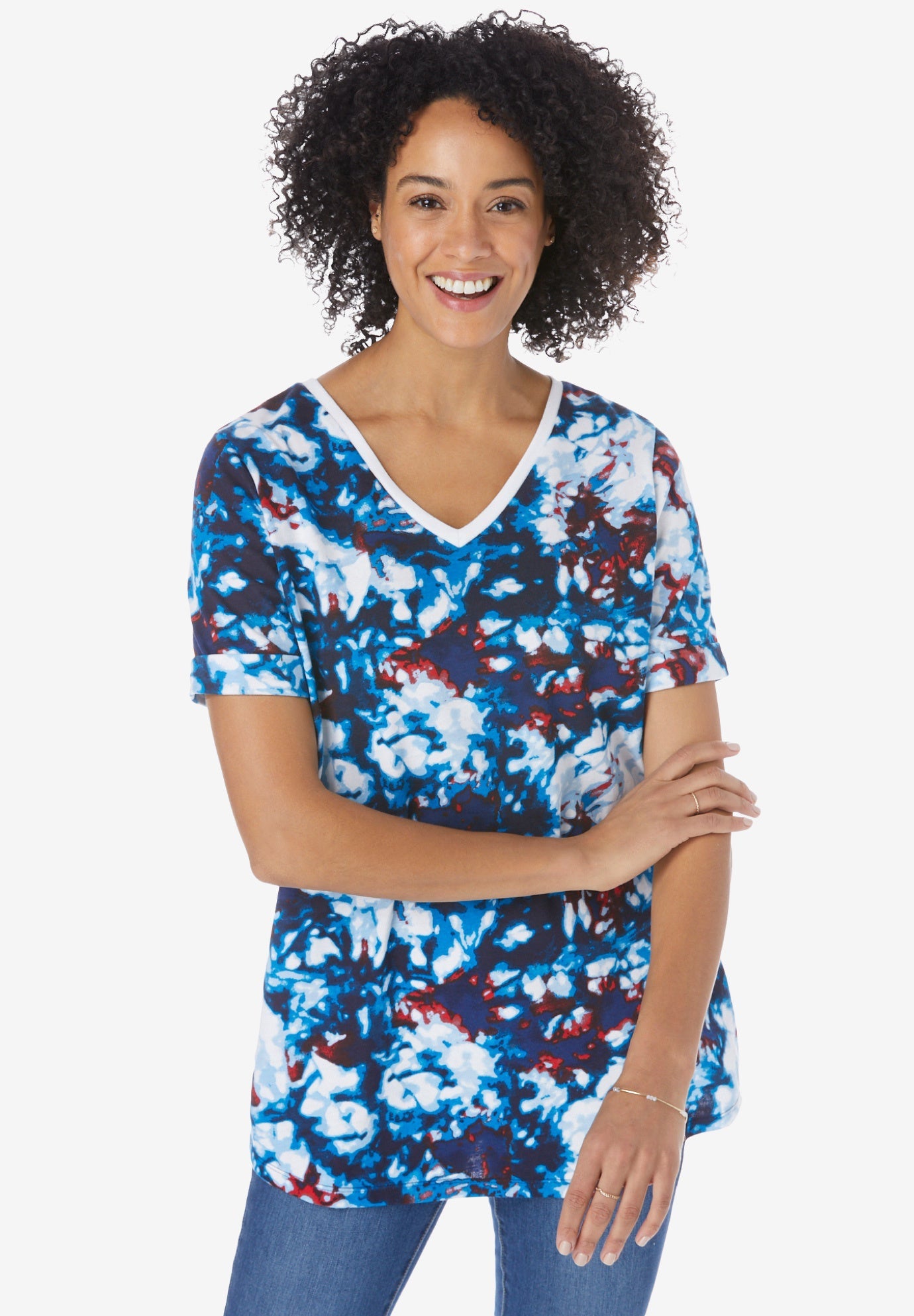 AMERICA Embroidered Round Neck Cuffed Tee Shirt