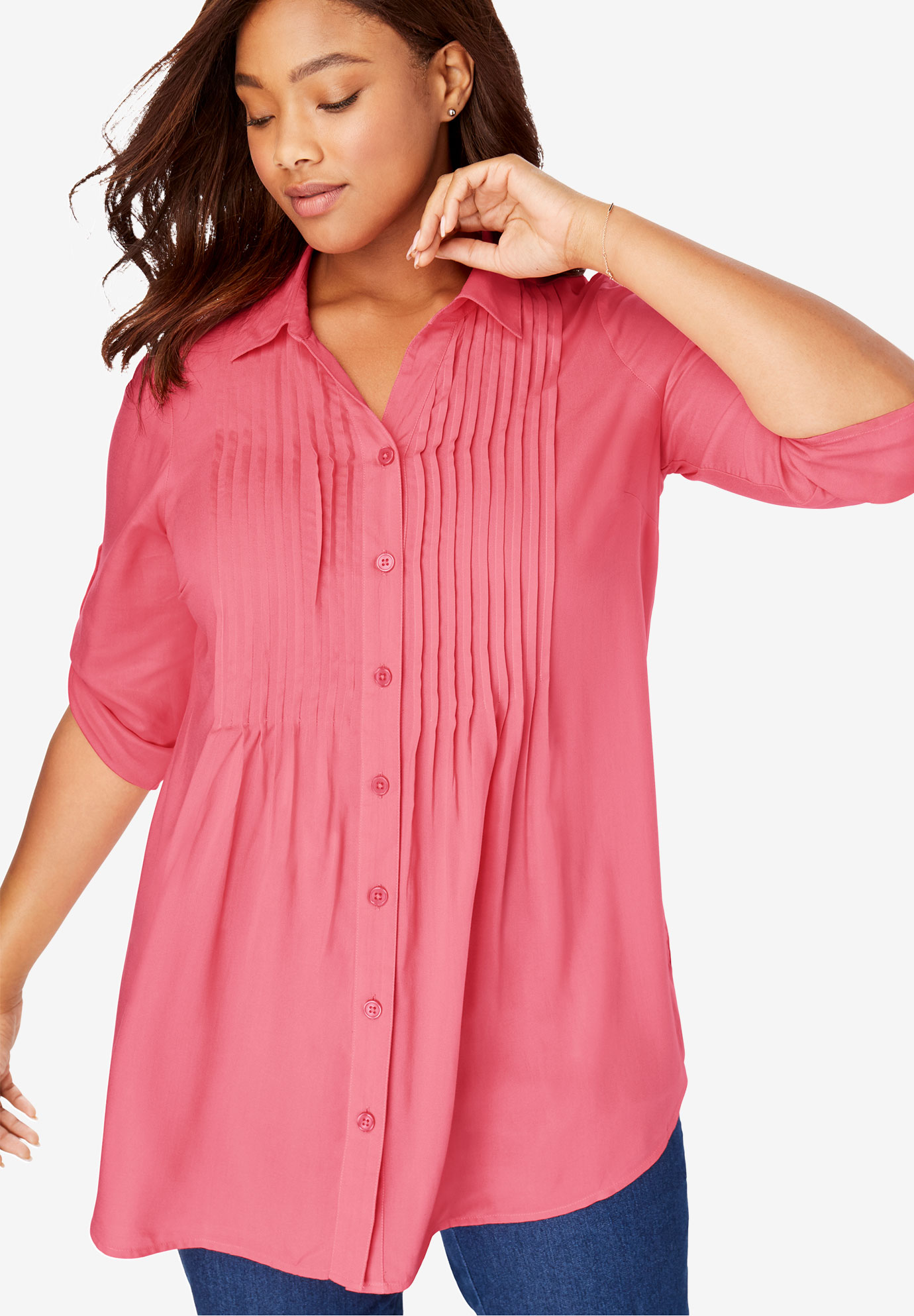 Pintucked Print Tunic Shirt| Plus Size Tops | Woman Within