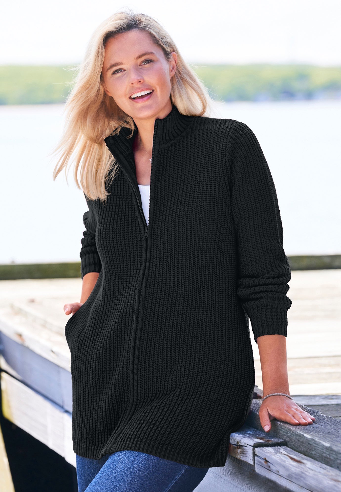 90s USA製 JERZEES Black Sweat Cardigan Zip Front Shaker Cardigan with Pockets, Black | Woman Within