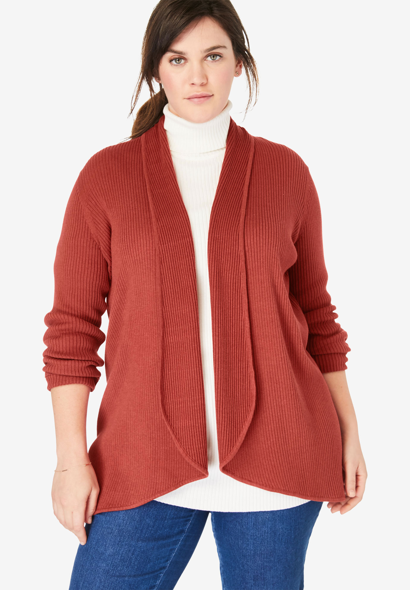Rib Knit Open Front Cardigan Sweater | Woman Within