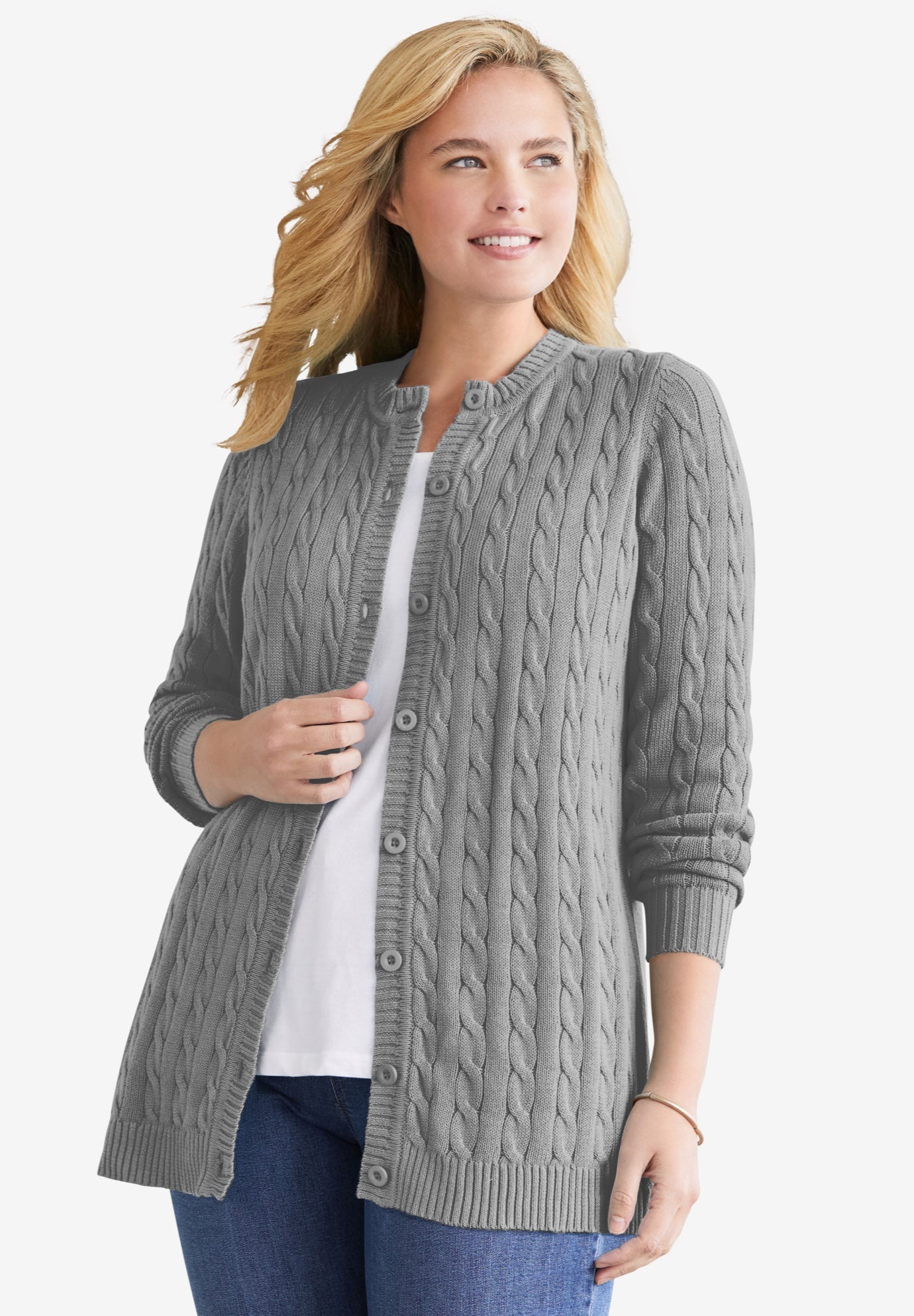 Cable Knit Cardigan Woman Within