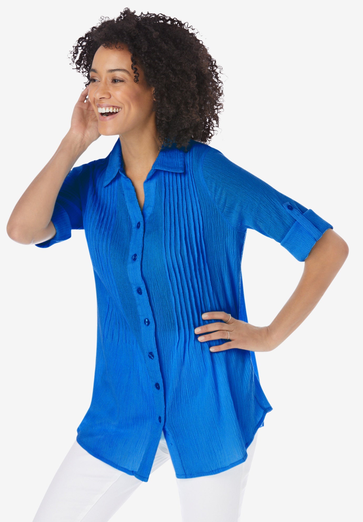 Pintucked Button Down Gauze Shirt Woman Within