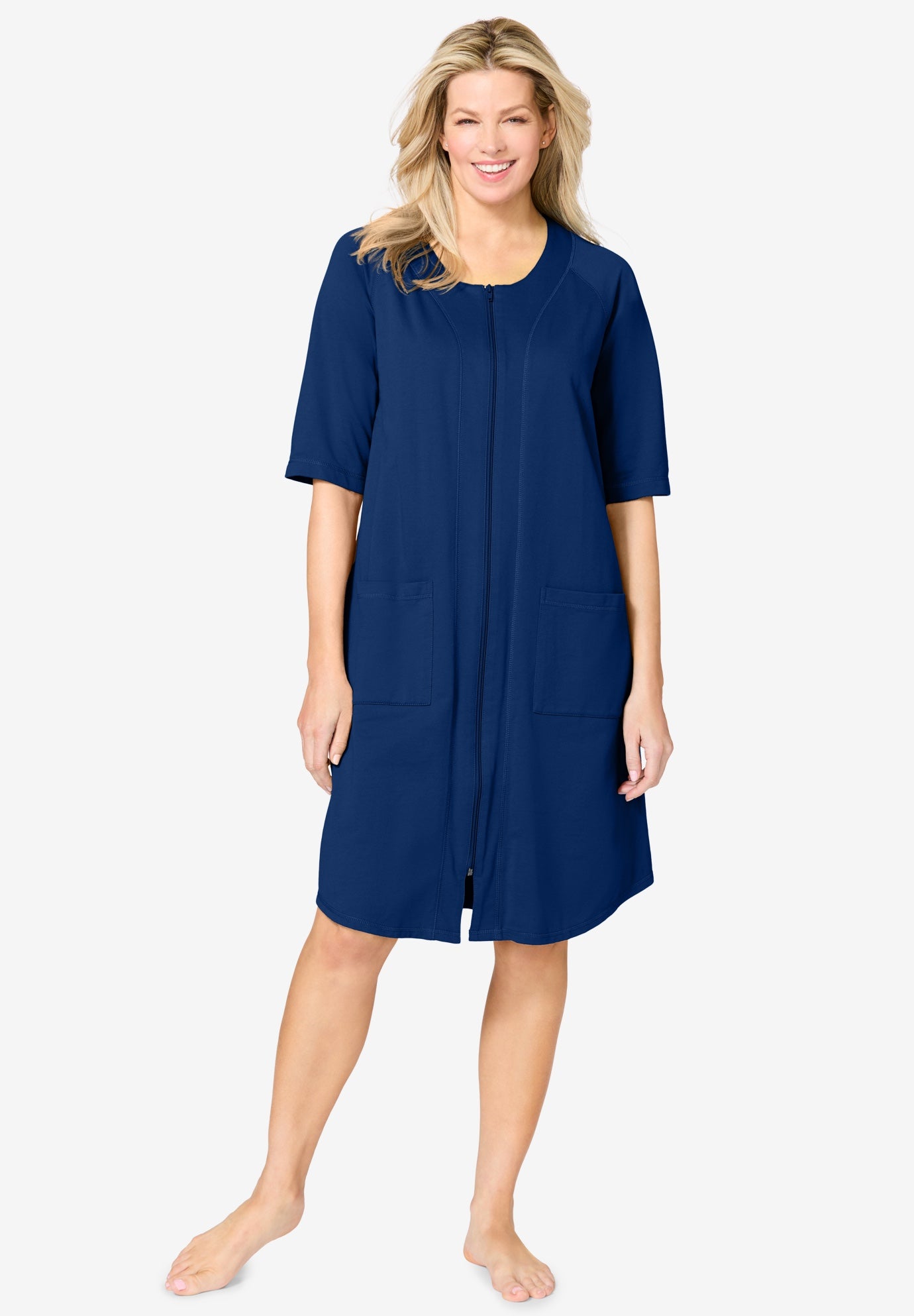 knee length dresses for ladies Richie House Women Zipper Robe Loungewear Short Sleeve Sleepwear Pocke –  Richie House USA main image 0