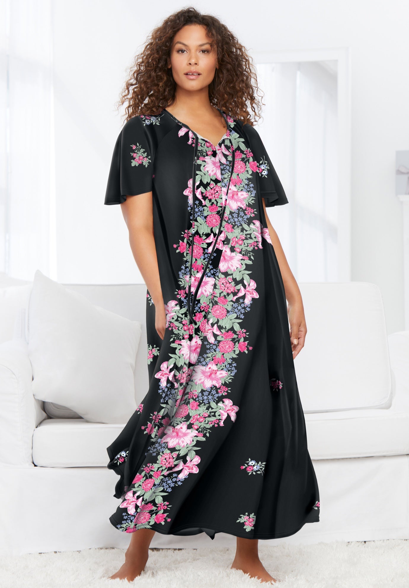 Maxi Sweeping Printed Lounger Flutter Sleeves, Black Lily Woman Within