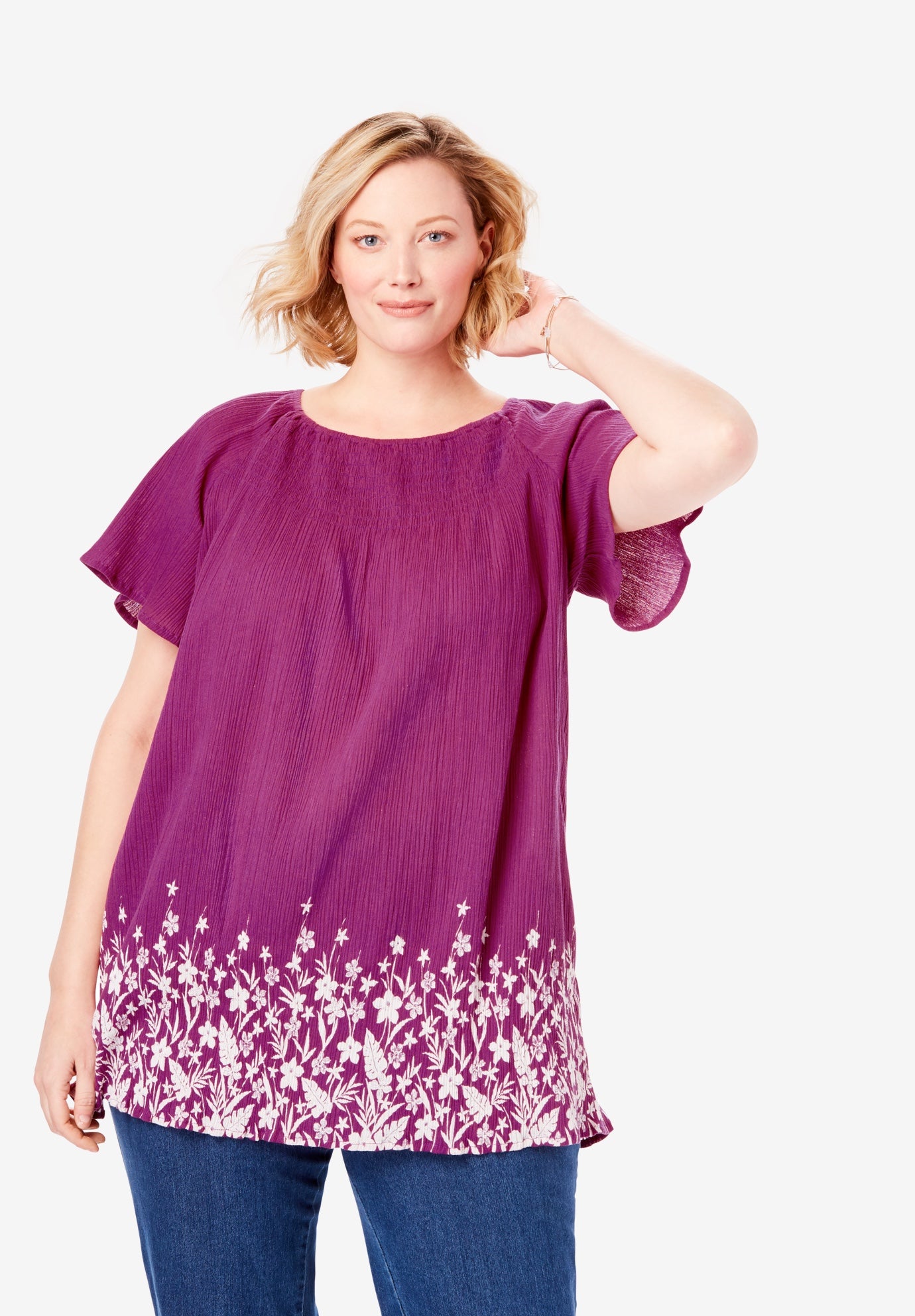 Cotton Gauze Smocked Neck Tunic Woman Within