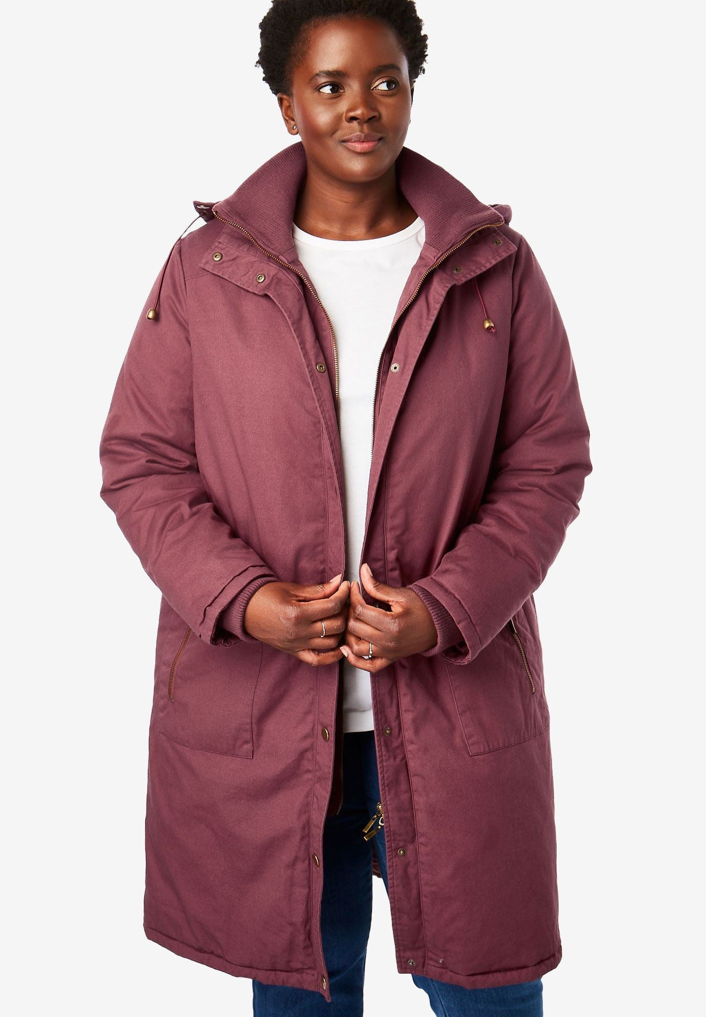 Twill Hooded Stadium Jacket| Plus Size Outerwear | Woman Within
