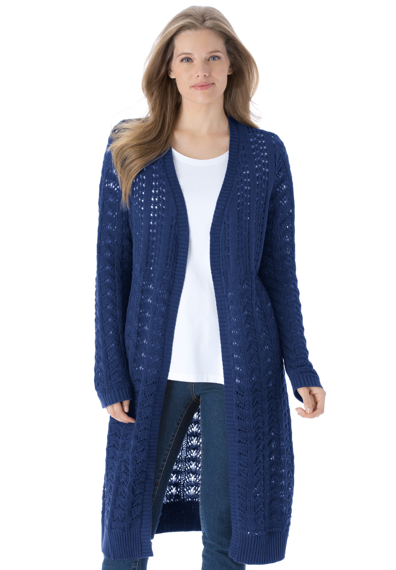 Pointelle Duster Cardigan Sweater| Plus Size Tops | Woman Within