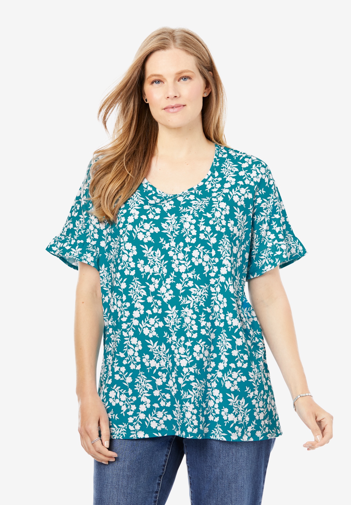 Ruffle Elbow-Sleeve Tee| Plus Size T-Shirts | Woman Within