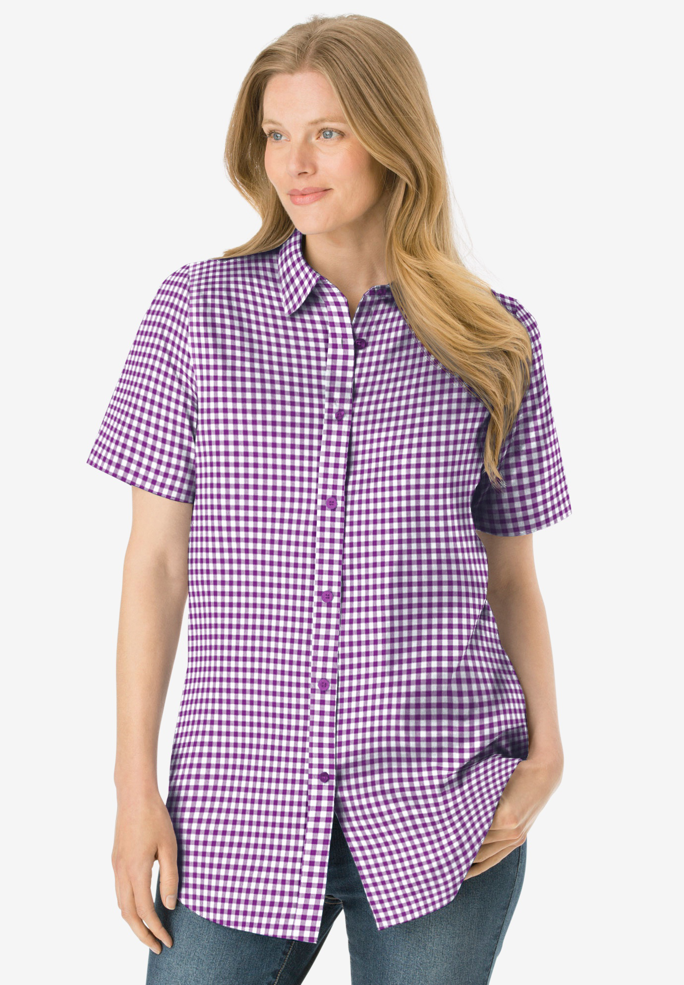 Woman Within Womens Plus Size Perfect Short Sleeve Button Down Shirt