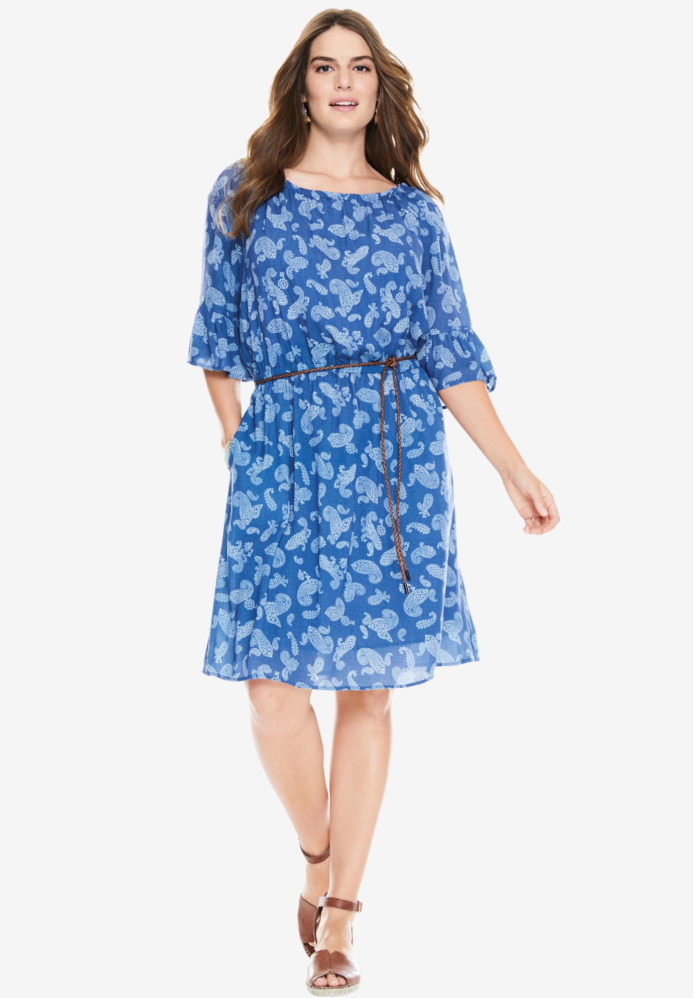 Elbow sleeve gauze peasant dress Woman Within