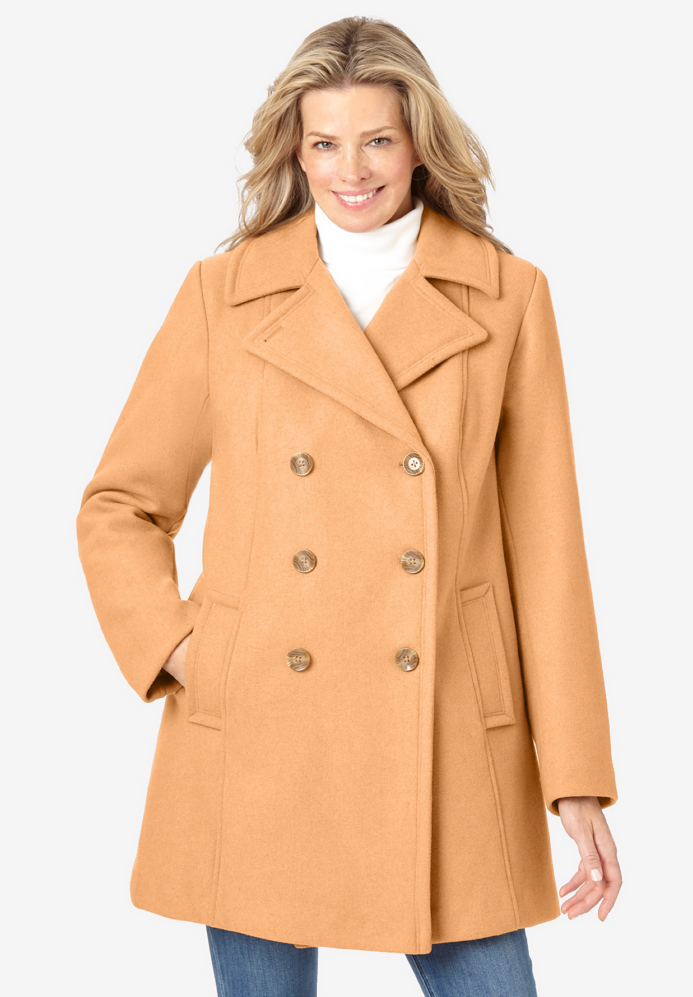 Womens Peacoat Outdoor Wool Blended Classic Double Breasted Pea Coats