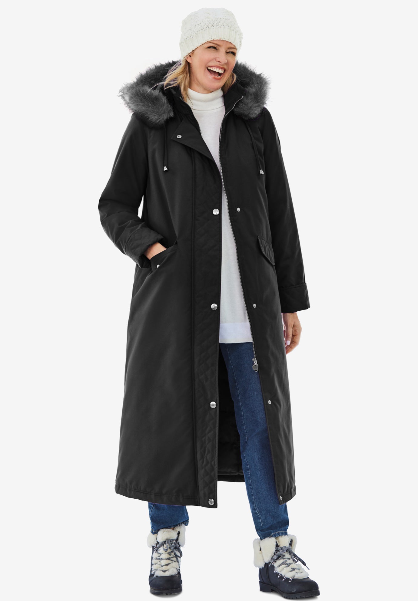 Warm Hooded Down Parka - Microfiber Long Style, Black | Woman Within