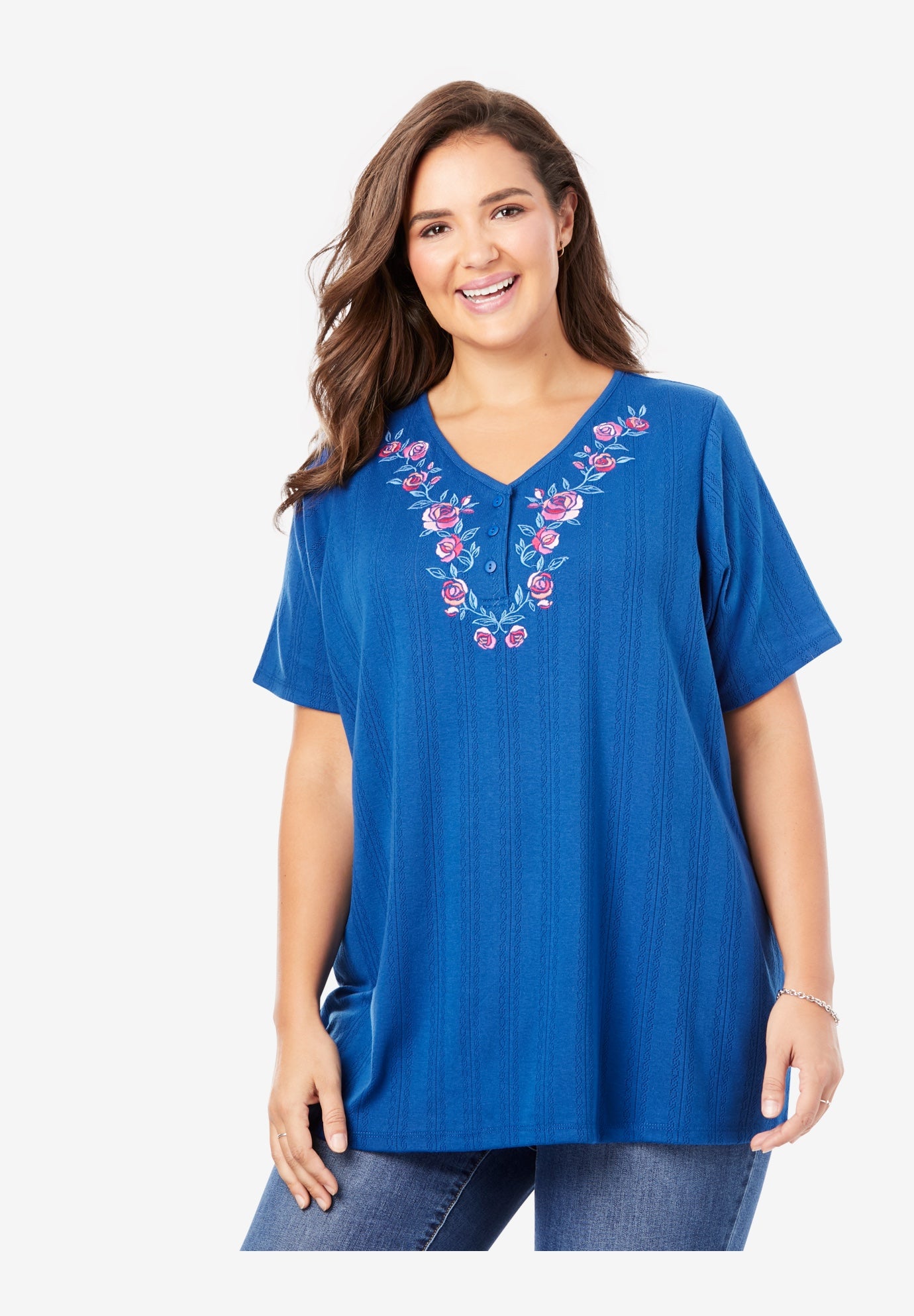 Embroidered Pointelle Henley Tee Woman Within