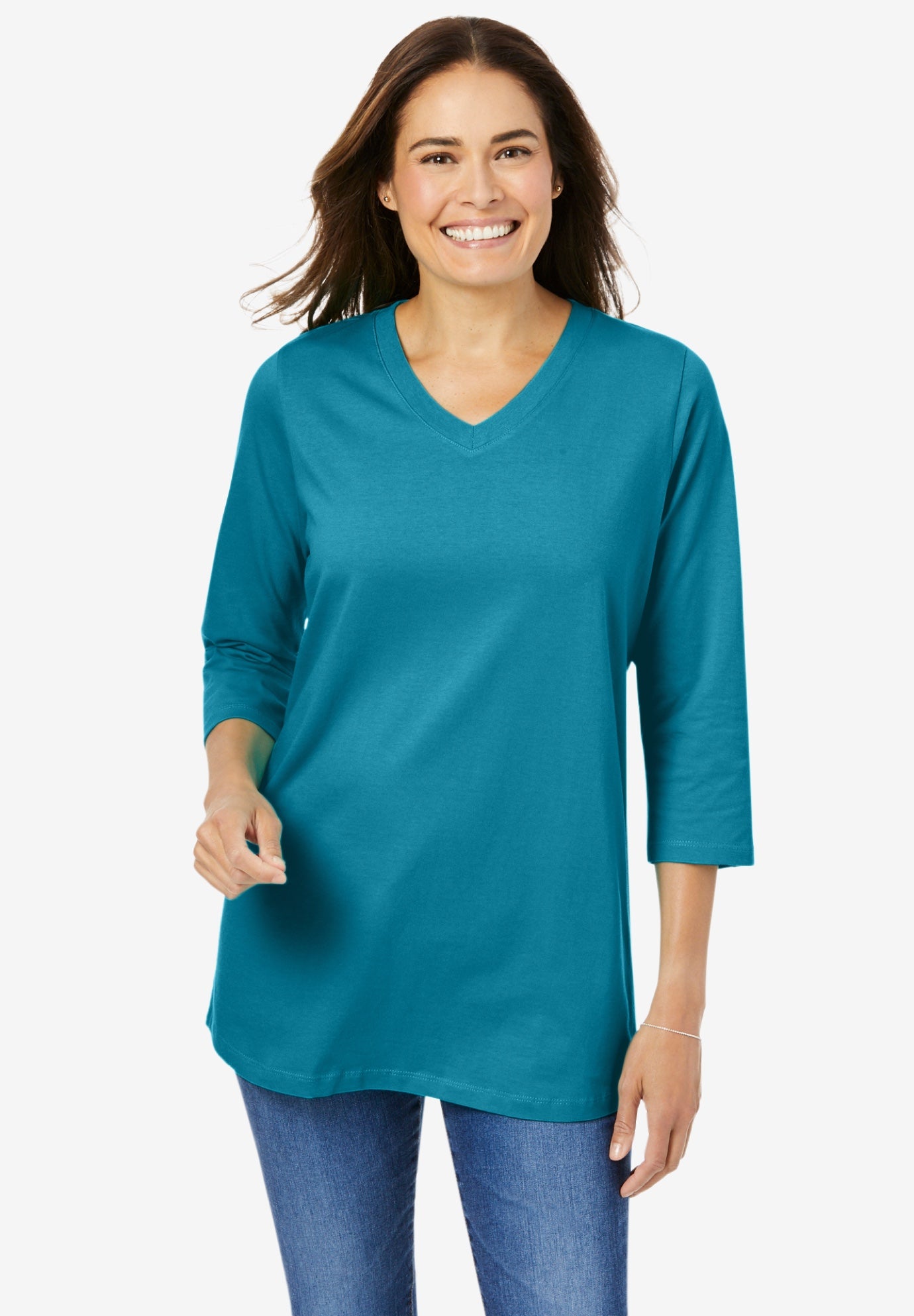 Perfect V-Neck Three-Quarter Sleeve Tee| Plus Size T-Shirts | Woman Within