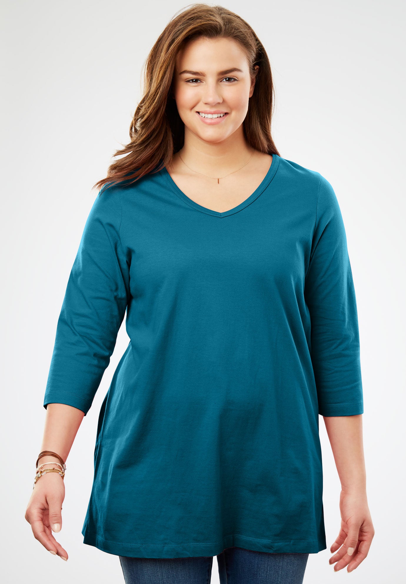 Perfect V-Neck Three-Quarter Sleeve Tunic| Plus Size Petite | Woman Within