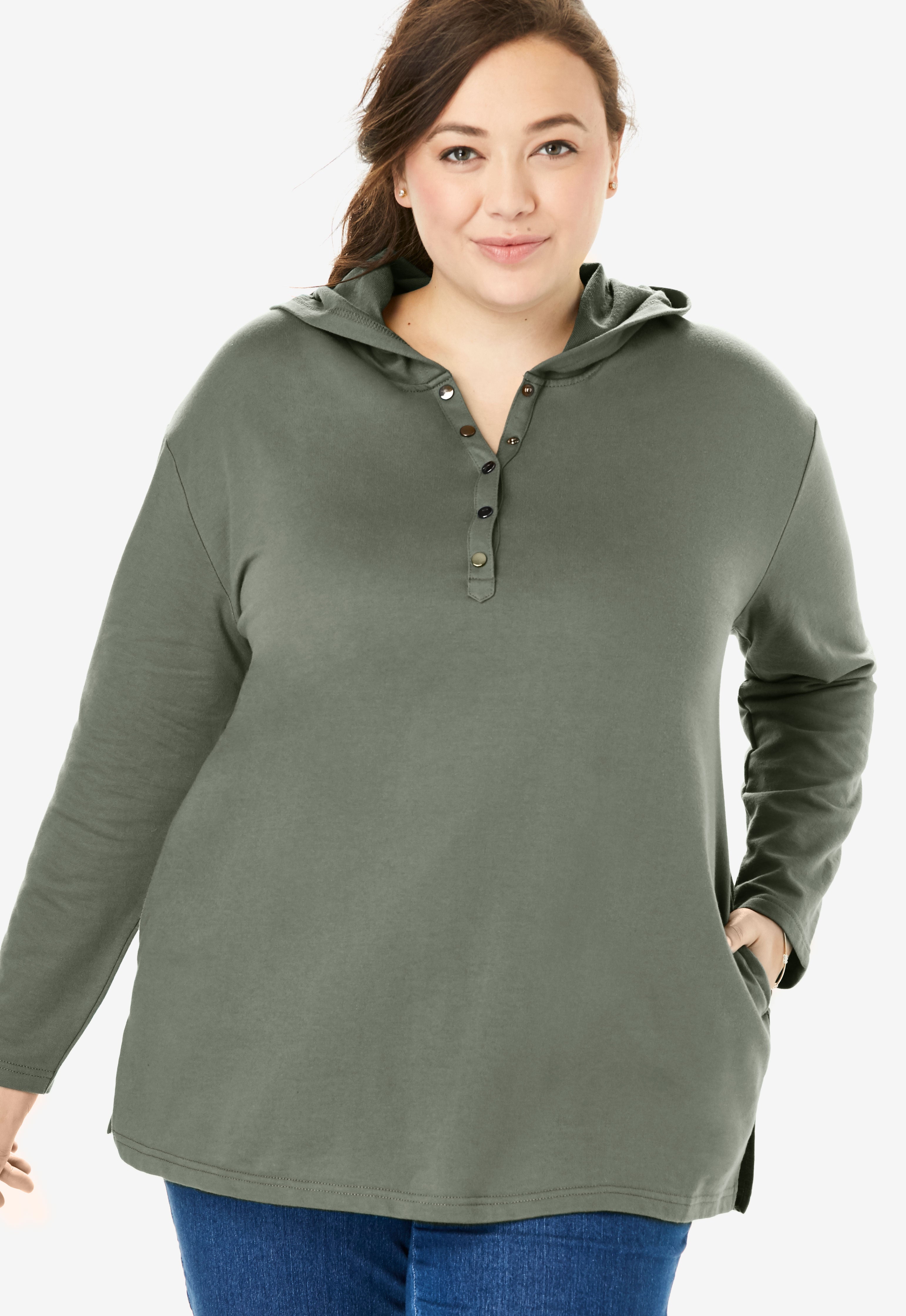 Pullover Hooded Henley Sweatshirt Woman Within